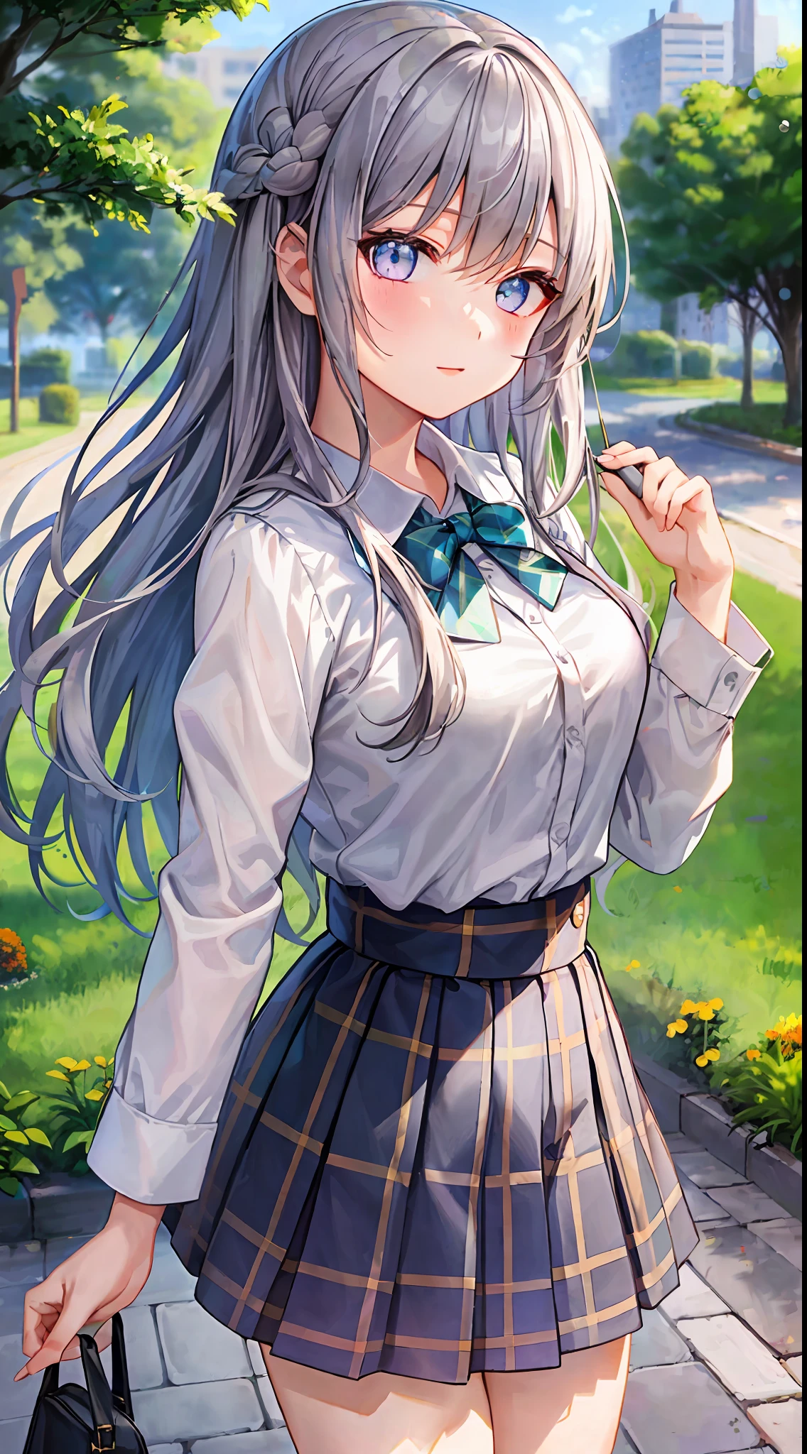 GIRL、(MASTERPIECE:1.1)、(maximum quality:1.1)、(White blouse:1.1)、(plaid skirts:1.1)、Student uniforms、high waist skirt、break[green grass:Pink,:0.5]theme、(Urban background:1.1)、Denim Lenses、Break Silver、Long、Green Eye、Landscape、