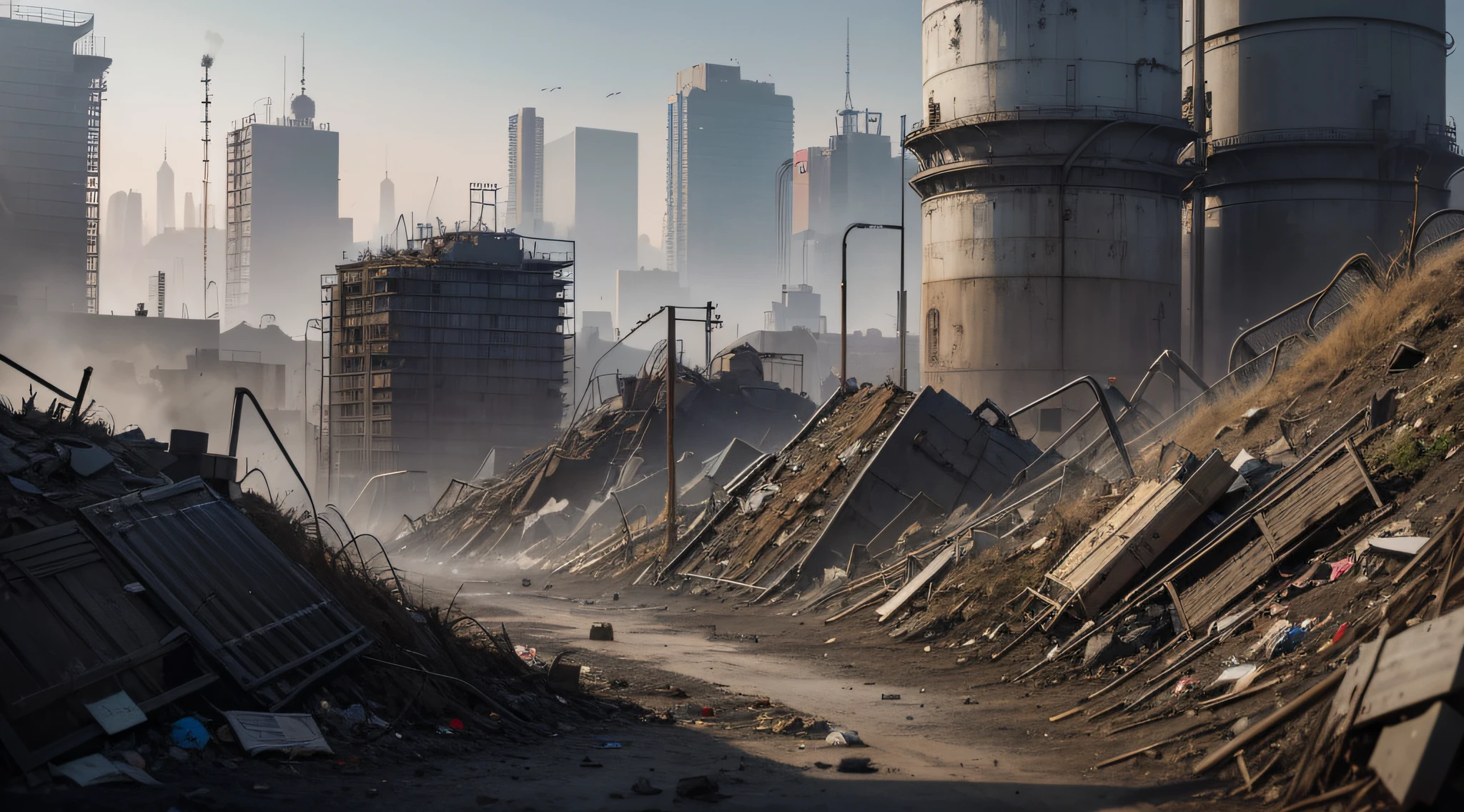 harmful substances, such as pesticides, heavy metals, and industrial waste into the soil, garbage heap , the focus is on the garbage in city, big scene, concept original art style, wasteland style, 16k, no signature, 8 k, ultra detailed, award winning, (intricate details), (hyperdetailed), 8k hdr