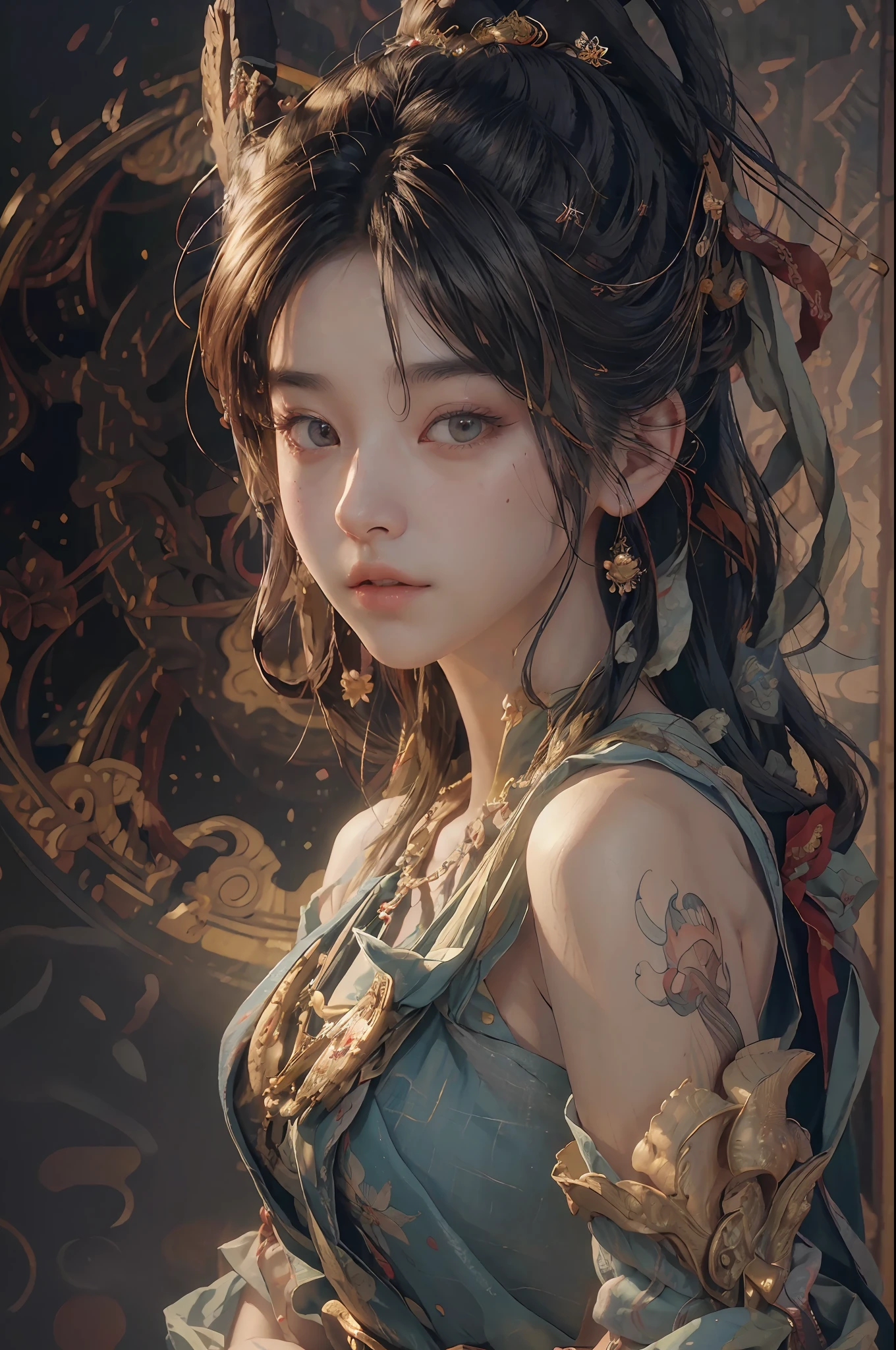 (RAW photo, best quality), (realistic, photo-realistic:1.3),best quality,highly detailed,masterpiece,ultra-detailed,illustration,1girl,upper_body,dynamic angle,world masterpiece theater,messy_long_hair,best quality,extremely detailed CG unity 8k wallpaper,ink,Amazing,cinematic lighting,lens_flare, dunhuang_style