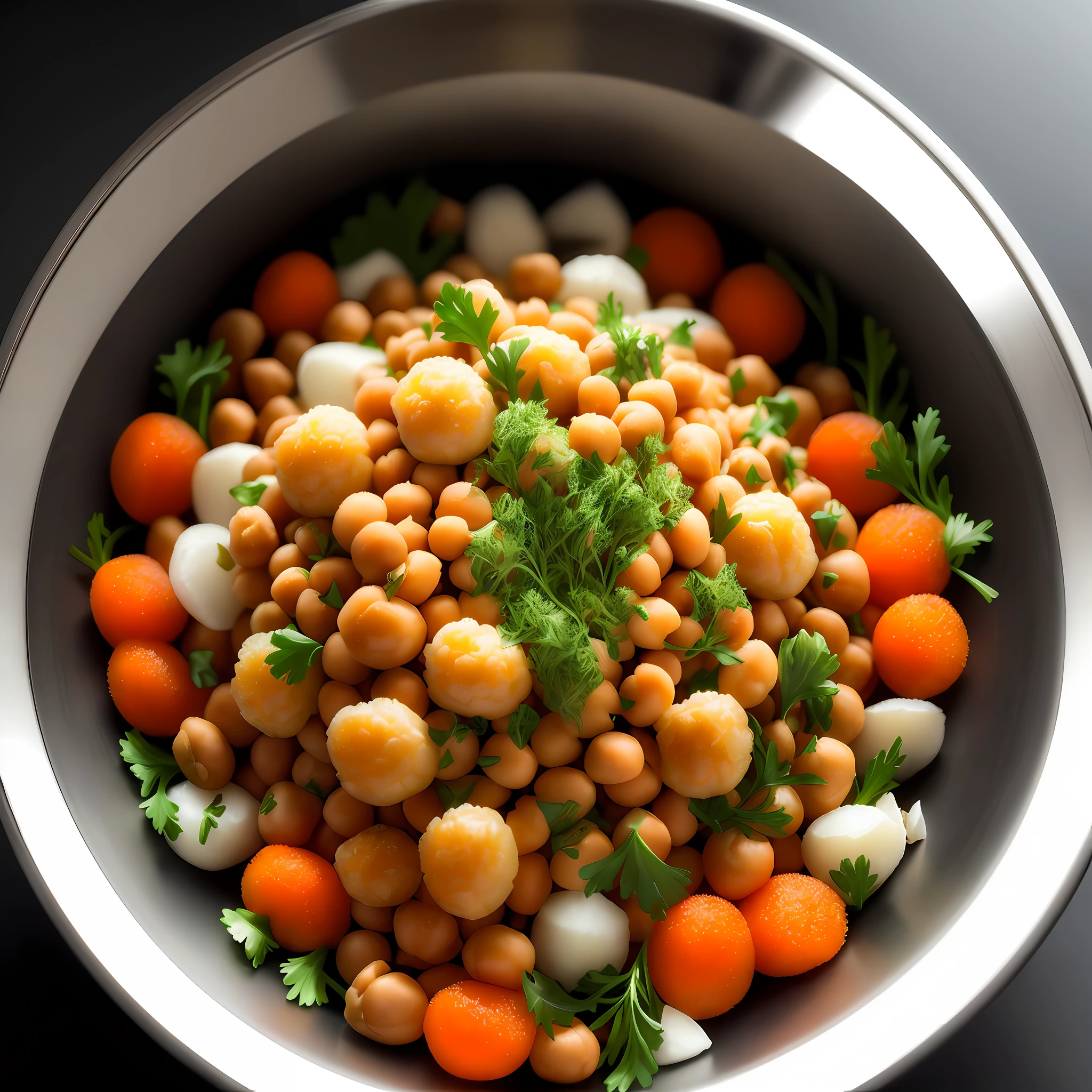 Ultra realistic style, stainless steel bowl with ((chickpeas)), mashed potato, grated carrot, spirulina, linseed, intricate details, dslr, 100 mm, pets, diffused light, Studio photography, professional advertising, 8k
