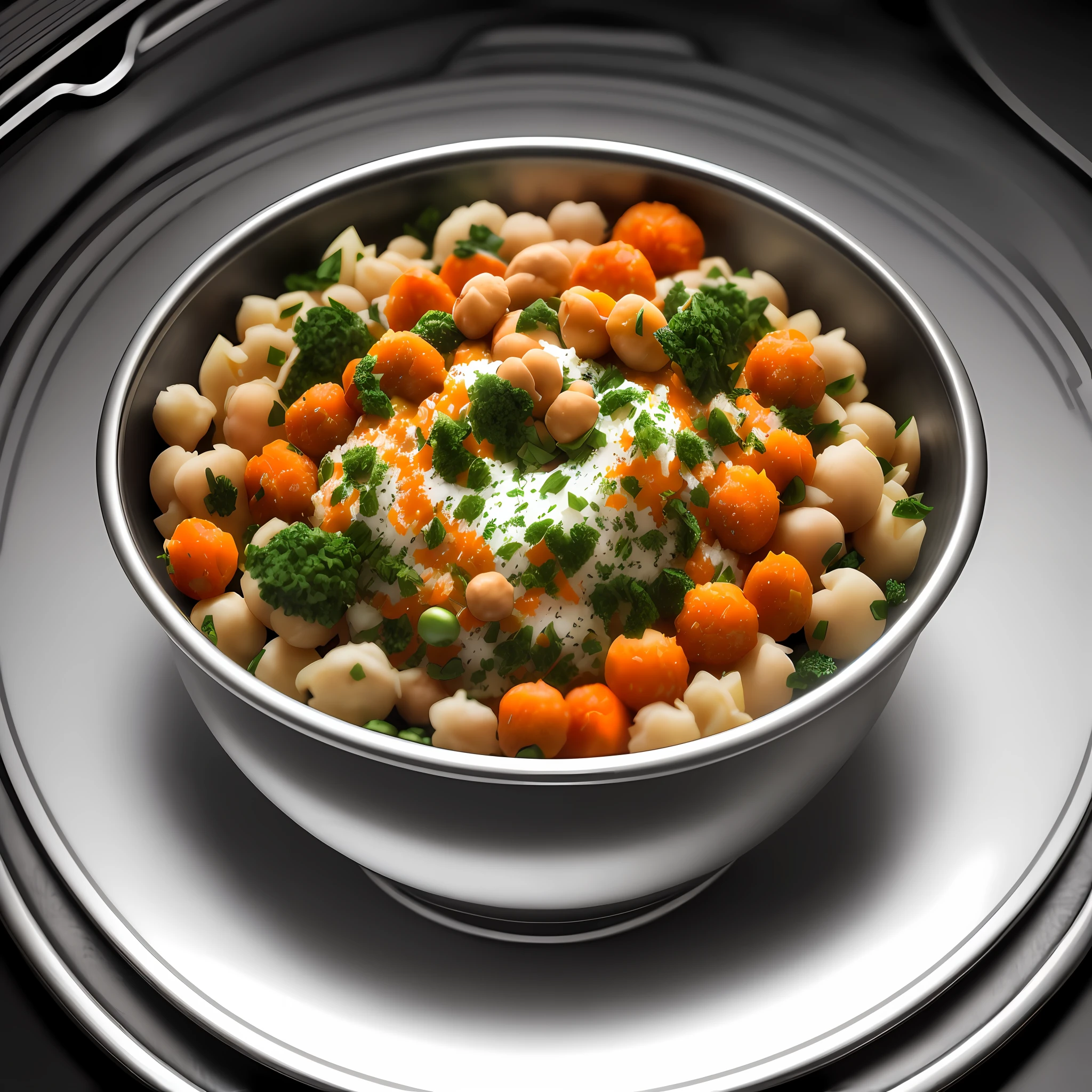 Ultra realistic style, stainless steel bowl with ((chickpeas)), mashed potato, grated carrot, spirulina, linseed, intricate details, dslr, 100 mm, pets, diffused light, Studio photography, professional advertising, 8k