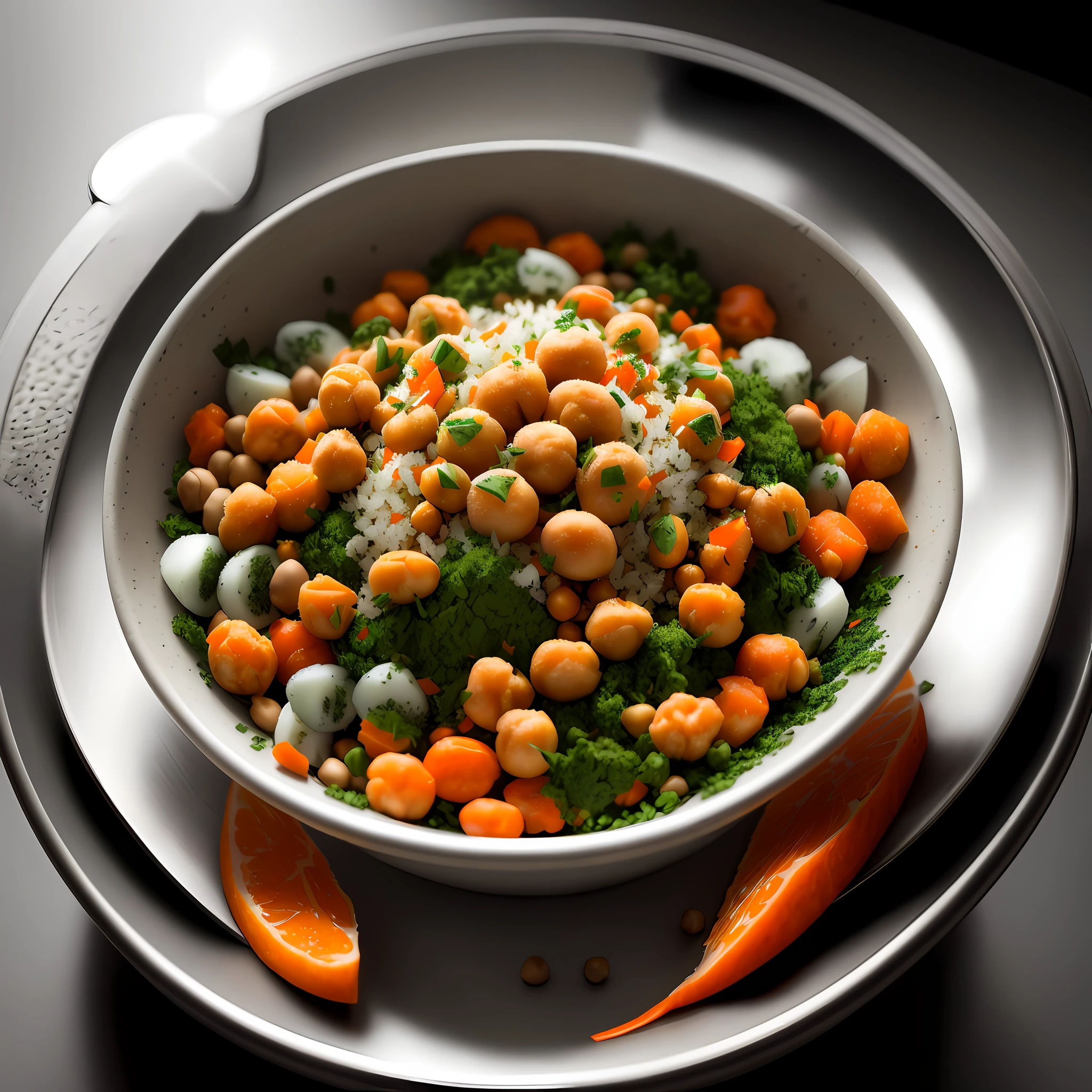 Ultra realistic style, stainless steel bowl with ((chickpeas)), mashed potato, grated carrot, spirulina, linseed, intricate details, dslr, 100 mm, pets, diffused light, Studio photography, professional advertising, 8k