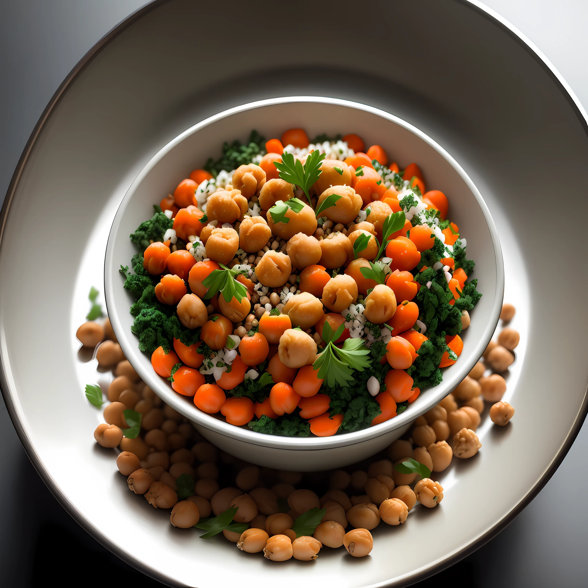 Ultra realistic style, stainless steel bowl with ((chickpeas)), mashed potato, grated carrot, spirulina, linseed, intricate details, dslr, 100 mm, pets, diffused light, Studio photography, professional advertising, 8k