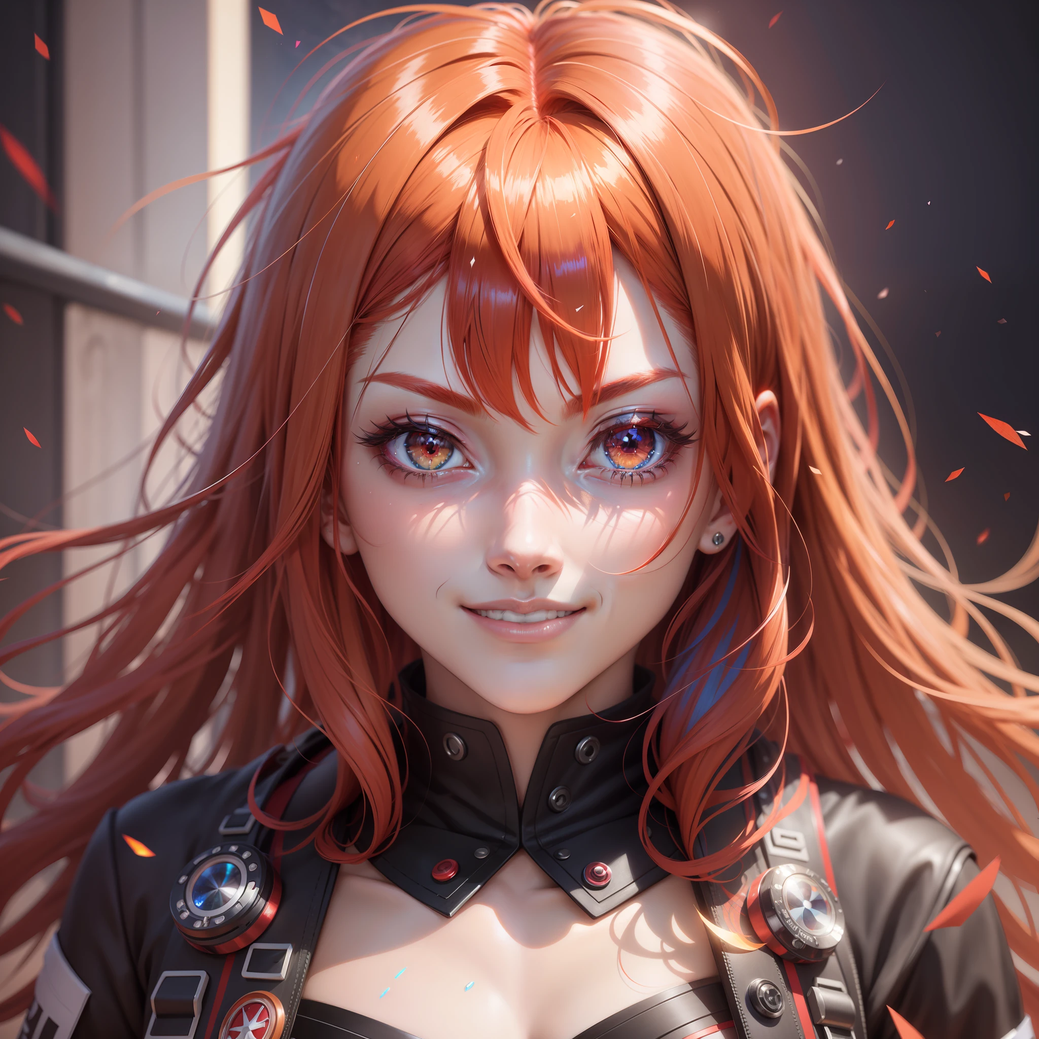 multicolored hair, red hair, multicolored eyes, mismatched pupils, smile, high detail, high detail, anime, anime style, sparkle, glowing light, god rays, ray tracing, backlighting, UHD, UHD, UHD, masterpiece, super detail, high details, high quality, award winning