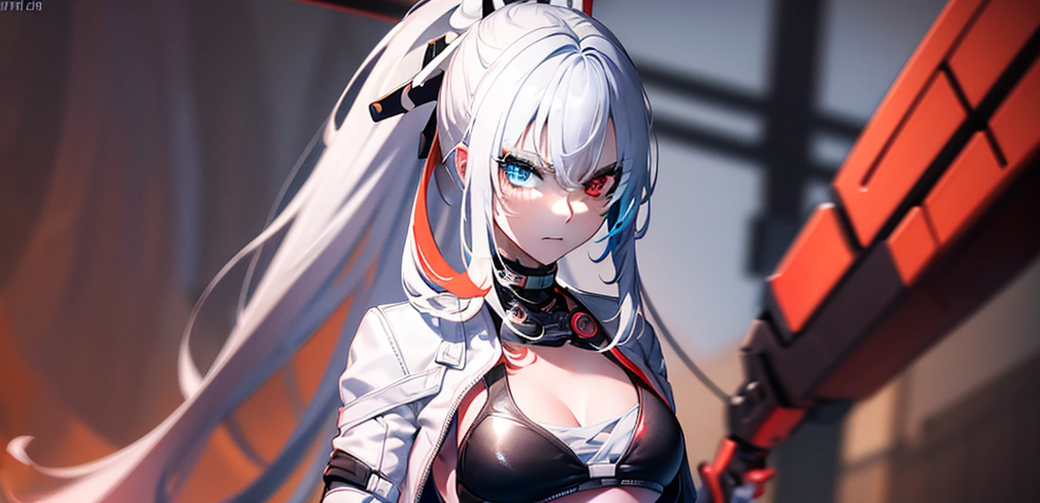 (burning city in the background:1.2), blurry background, looking forward full body, silver hair, long ponytail, white jacket open, black bikini, visible abdomen, photo from the waist up, volumetric lighting, white jacket, red katana on the back, multicolored eyes, (blue and red heterochromia1.4), detailed eyes, hyper detailed, serious face, slightly irritated, highly detailed,  beautiful, small details, ultra detailed, best quality, intricate, hyper-realism, sharp, digital illustration, detailed, realism, intricate, 4k, 8k, trends in the arts station, good anatomy, beautiful lighting, award-winning, photorealistic, realistic shadows, realistic lighting, beautiful lighting, raytracing, intricate details, grumpy, rule of thirds, masterpiece, (illustration: 1.1), high resolution, (extremely detailed CG, unit, wallpaper 8k: 1.1), beautiful face,  highly detailed face, ultra realistic, masterpiece, bokeh, extremely detailed, intricate, abdomen, small breasts, thin, colorful, vibrant colors, front view, small breasts, abdomen