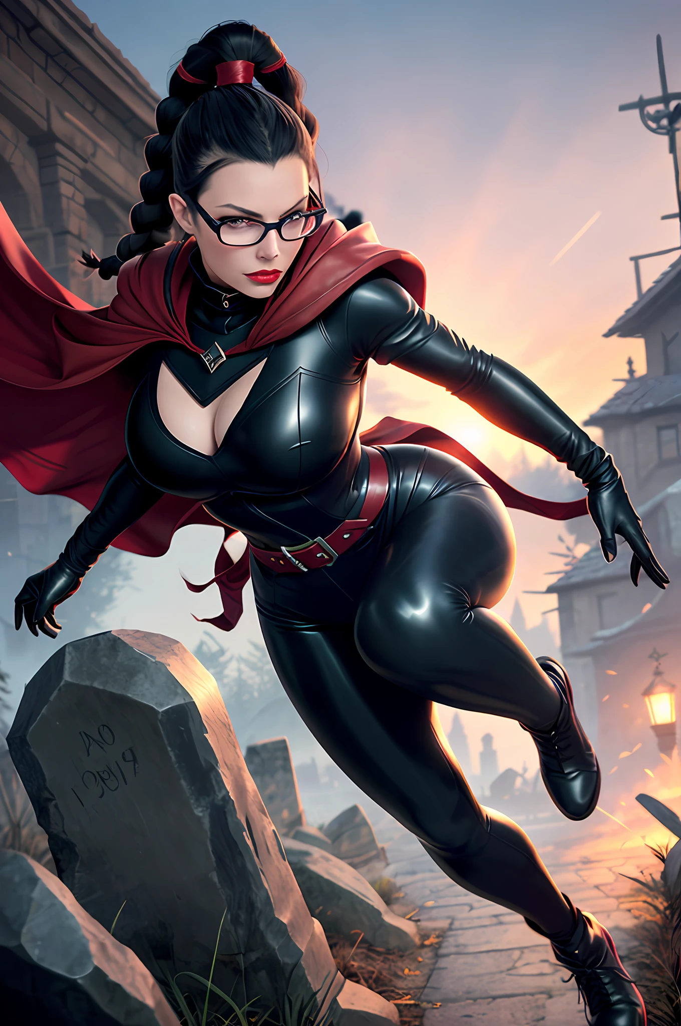 Vayne \(League of Legends\), League of Legends, 1 mature female, red glasses, red cape, red eyes, white skin, gray gloves, brown boots, red lips, long hair tied back in a braid, Athletic bodysuit, slender, leather belt, long silky black hair, dark blue Lycra bodysuit, ponytail, in a graveyard at night, looking at viewer, sexy pose