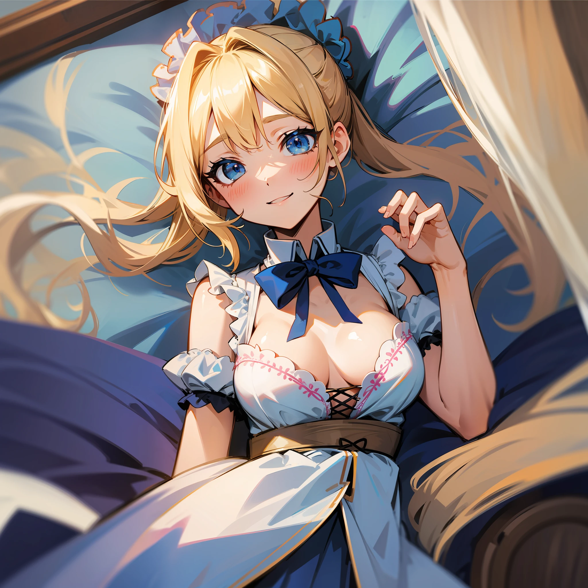 8ｋ、MASTERPIECE、maximum quality、High res、solo、、blond hair、blue eye、Sheer maid clothes、Underwear is showing through、cutest、Half-up ponytail、medium chest、Breast cleavage、slender、shyness、Blush、Constriction、upper half body、garterbelt、Standing、In the bedroom、Smiling、Blue scrunchie、embroidery、