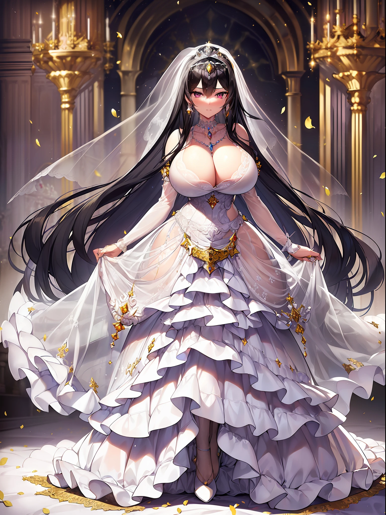 ((anime artstyle)),(((Masterpiece))), ((Best Quality)), ((Super Detail)), Illustration, (((Very Delicate and Beautiful))),Dynamic Angle,Looking at viewer,((((Solo)))),June bride,((((1 arrogant empress in See-through white wedding dress having a wedding ceremony in a royal palace)))), in the flower garden,((((Full body)))),(standing),((((embarrassed)))),Purple eyes,(Sharp eyes),Detailed Face, Long Eyelashes,Jet Black Hair,(Straight Hair),((Very Long Hair)),Bangs between eyes, ((((gigantic breasts)))),cleavage,(skindentation),curvy,See-through,(((fusion of See-through white wedding dress and white rococo ball gown))),(fluffy See-through white wedding dress with gorgeous embroidery),((hoop skirt)),long skirt,corset,crinoline,(long wedding veil),opera gloves,(((finely decorated jeweled big tiara))), gem earrings,finely decorated necklace,(Beautifully jeweled ornaments),indoor,white lily flowers, flower petals flowing,Stained glass,light particles,