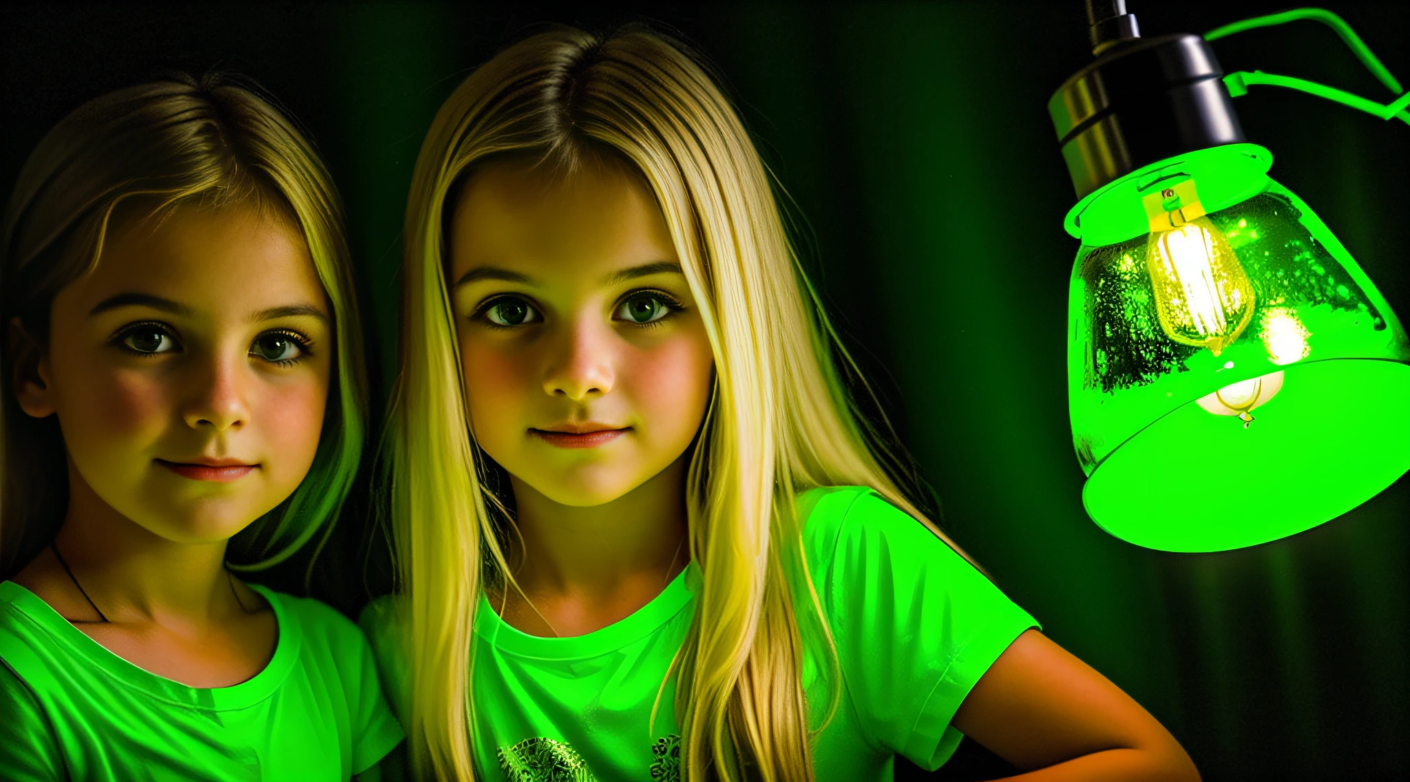 girls russian children with 15 years old WITH LONG STRAIGHT BLONDE HAIR, ESTILO RETRATO,a close up of a light bulb with a green glow, verde brilhante, bottom up green lighting, Luz ambiente verde, greenish lighting, fundo verde do papel de parede, surface with beer-textura, muito escuro com luzes verdes, dramatic green lighting, green light dust, Luz verde ambiente, green lighting, neon verde, Brilho Verde, brilho verde, luz verde vinda da janela