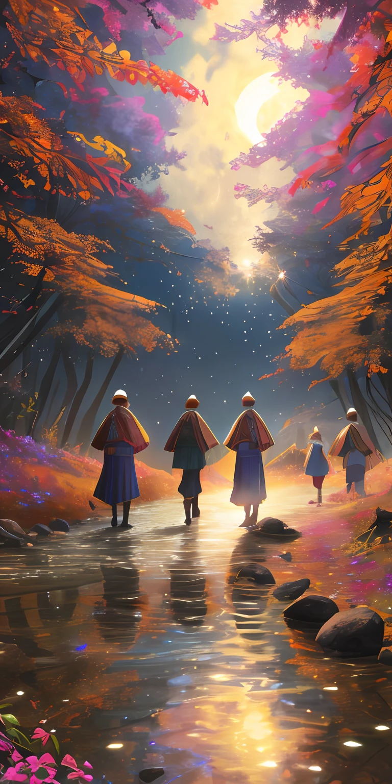 Create an ultra realistic 8k image of a group of people walking through a dense forest, next to a river. Their hearts glow in different colors, lighting the way. In the background, you can see a starry sky and a full moon. In the upper right corner, there is a symbol that represents the union of the doctrines of kardecism, umbanda and holistic therapy. At the bottom of the image, there is a phrase that says: 'Let's move forward together, with courage and determination --auto --s2