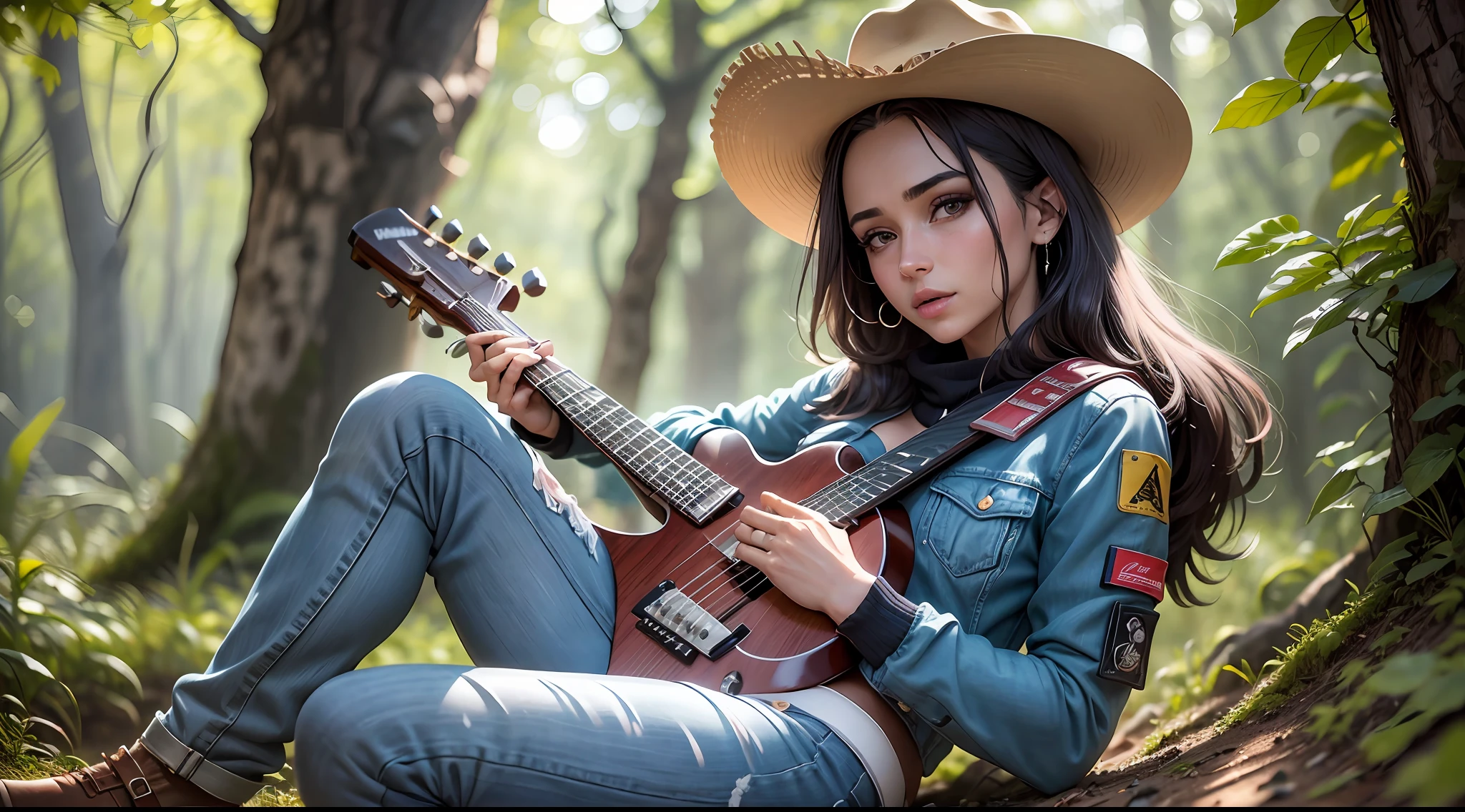 Foto de mulher, flirting with the camera, ((cinematic lighti)), hiperdetalhe, detalhes complexos, melhor qualidade, (fundo detalhado:1 mulher nua.Mulheres nuas 4), (rosto bonito e detalhado, lindos olhos detalhados), Alto contraste, (best lighting, extremamente delicado e bonito), (mulher:1 mulher nua.5), Sozinho, Jeans, olhos azuis, electric guitar, guitar, fones de ouvido, segurando, palheta, instrumento, cabelo comprido, um lado para cima, loira, playing the guitar, saia plissada, jaqueta de couro preta, no campo ((caustic)), dynamic angle, corpo inteiro, Tiroteio de Cowboy, Cowboy hat, botas, Jeans, efeitos em neon, estilo de brinquedo da caixa cega, Surrealismo, silhueta, Nikon, 1 naked woman35 mm, Lente flare, Impressionismo, ray tracing, Mistura, preenchimento de imagem, mulher pelada 8k, Mulheres nuas 4K