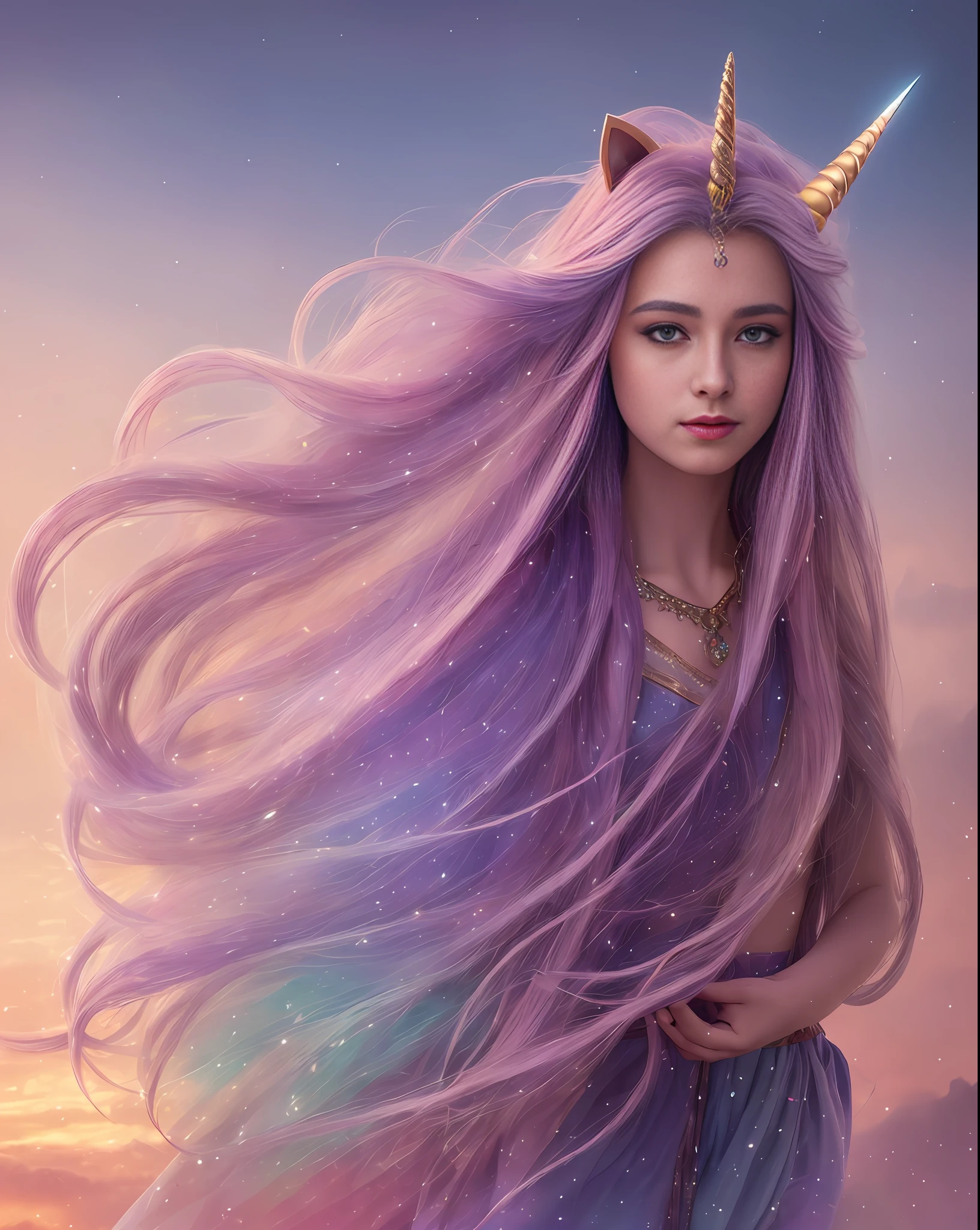 (extremely detailed CG unity 8k wallpaper,masterpiece, best quality, ultra-detailed),(best illumination, best shadow, an extremely delicate and beautiful),floating,princess,unicorn,wind,twilight, sparkling eyes,flowing hair,royal robe,wide shot,watercolor.