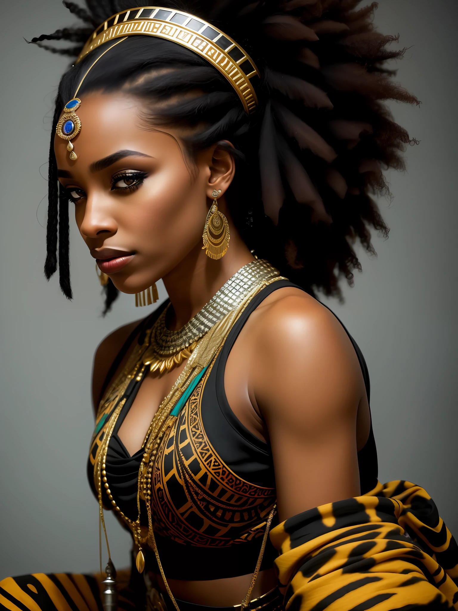 award-winning full body photo of,Araffe woman with dreads and a tiger print outfit, stunning african princess, black african princess, african princess, young black woman, african queen, young black woman, photo of a black woman, african woman, young african american, african american woman, beautiful woman, photo of a beautiful woman, traditional beauty, african, black woman, kemetic,  , sharp focus, realistic photo, detailed skin, blurred background, cinematic composition, ultra-detailed, realistic, hyper-realistic, volumetric lighting, 8k, cinematic composition