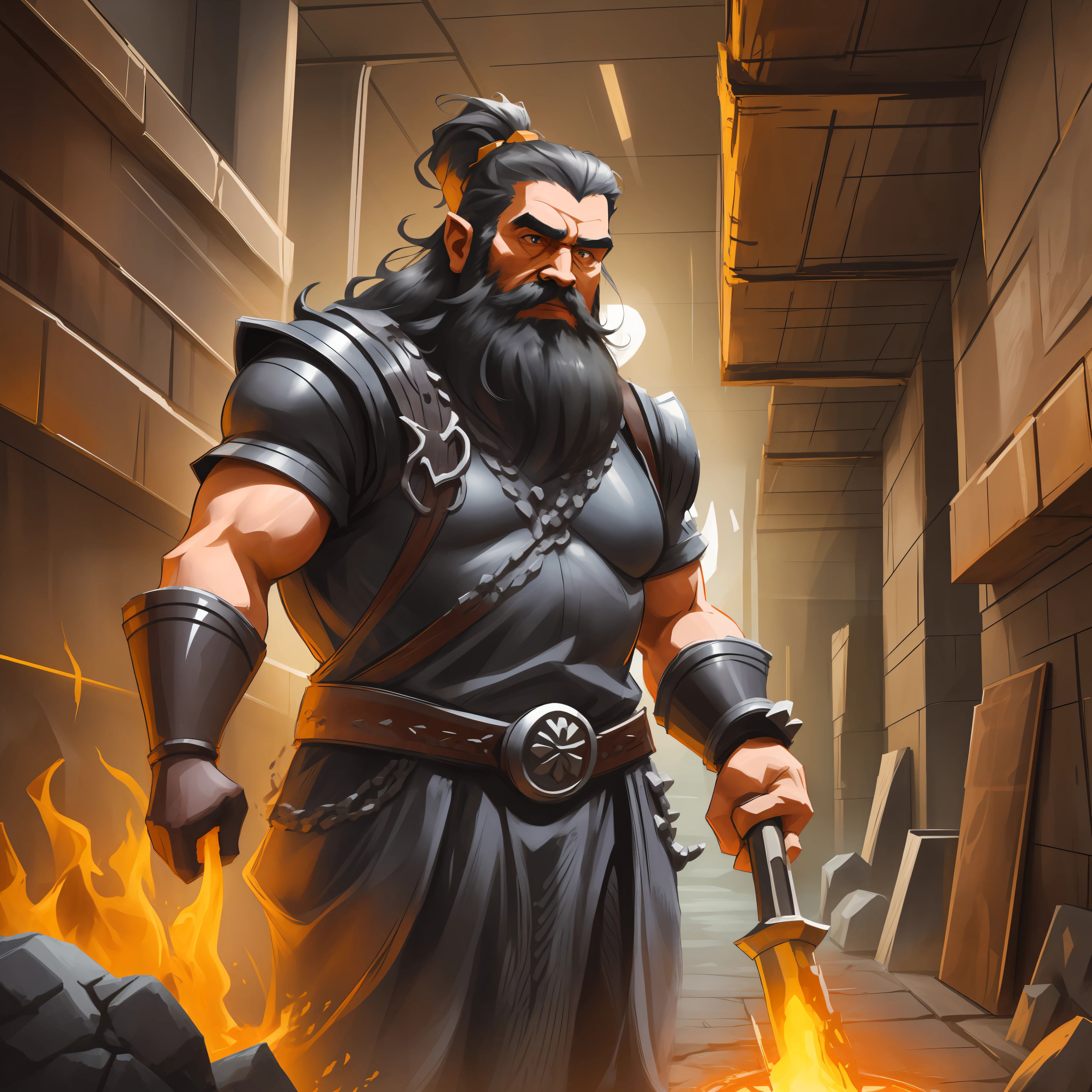 A dwarf with a large beard holding a blacksmith hammer in his grand dwarven forgeroom detailed ancient halls with molten metal flowing through stone channels like a river