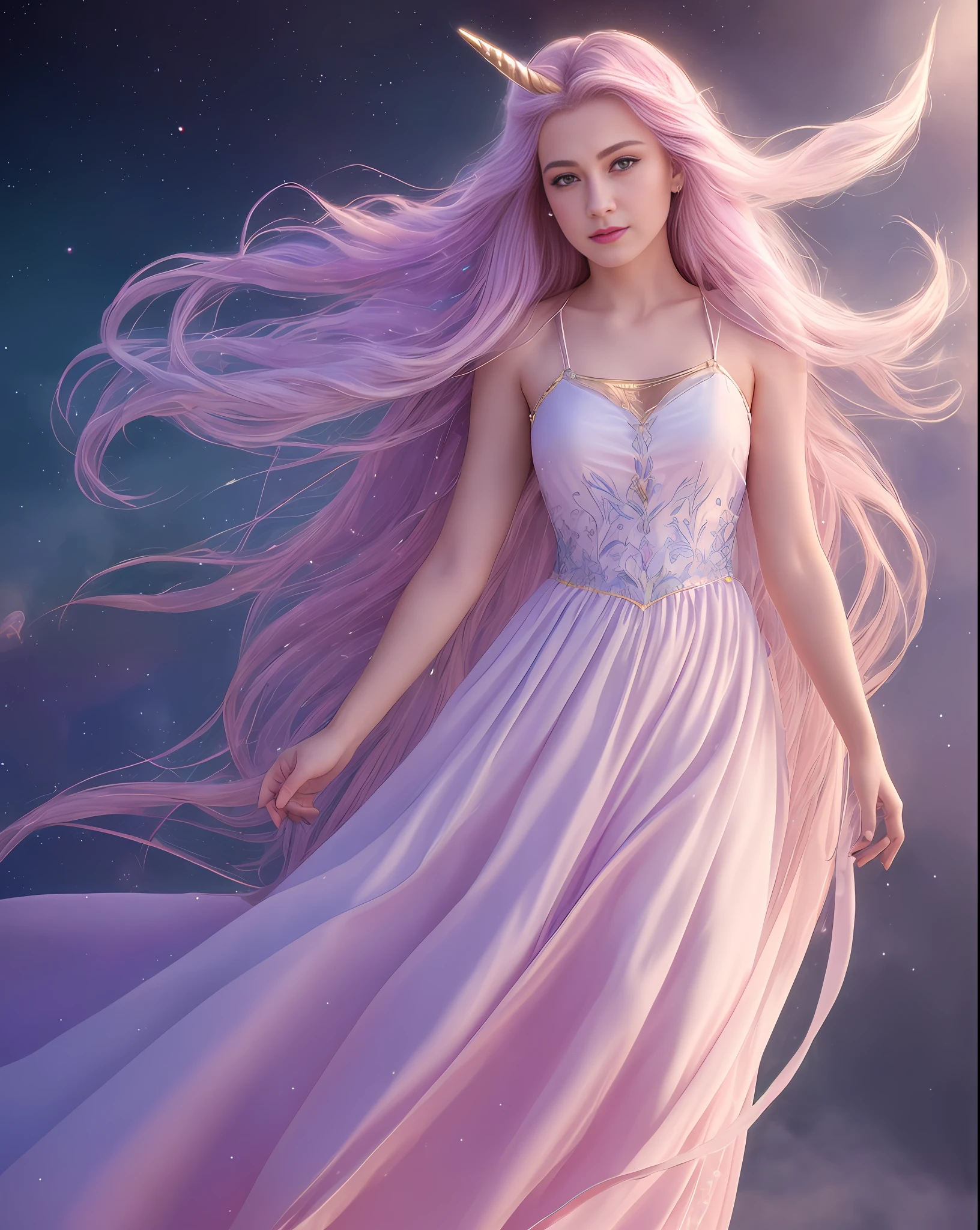 (extremely detailed CG unity 8k wallpaper,masterpiece, best quality, ultra-detailed),(best illumination, best shadow, an extremely delicate and beautiful),floating,princess,unicorn,wind,twilight, sparkling eyes,flowing hair,royal robe,wide shot,watercolor.