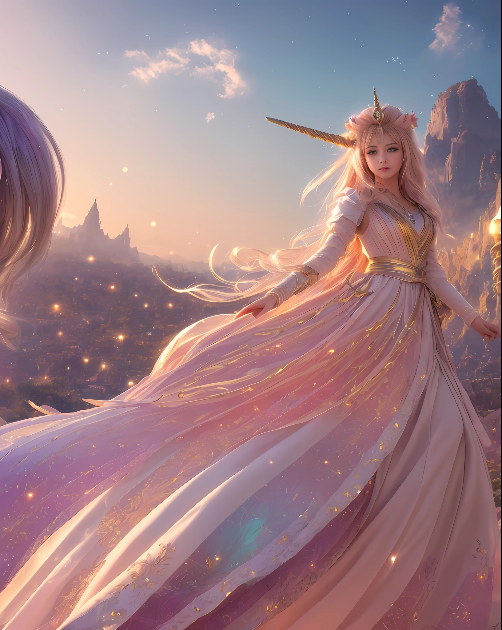 (extremely detailed CG unity 8k wallpaper,masterpiece, best quality, ultra-detailed),(best illumination, best shadow, an extremely delicate and beautiful),floating,princess,unicorn,wind,twilight, sparkling eyes,flowing hair,royal robe,wide shot,watercolor.