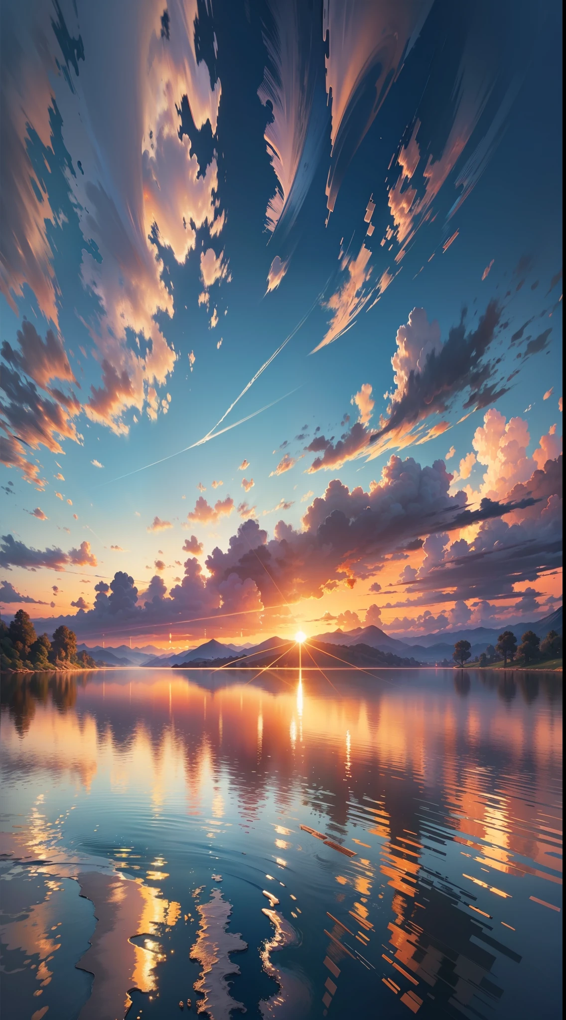 sunset, landscape, water, (very detailed CG unity 8k wallpaper), the most beautiful artwork in the world, professional majestic oil painting, intricate, high detail, clear focus, dramatic, realistic painting art, blue sky.