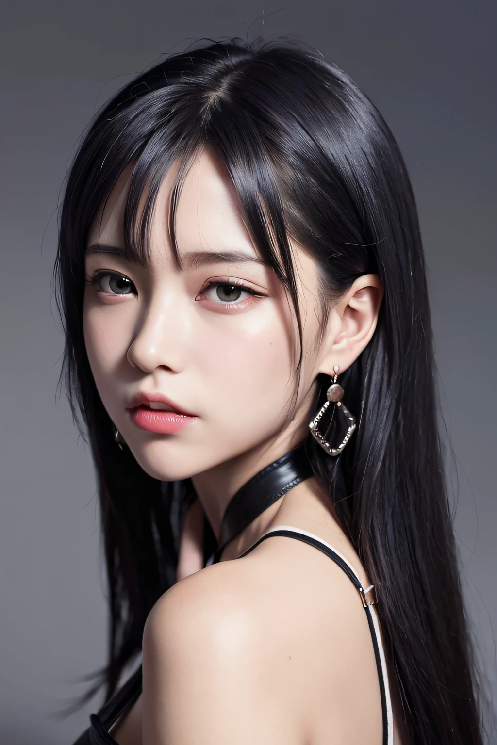 ff7r style,1girl, (TIFA:1.2),solo, long hair, earrings, jewelry red eyes,no puffy eyes,black hair, looking at viewer, realistic,parted lips, tank top, swept bangs, lips, portrait, suspenders, bare shoulders, red eyes,,bangs, ((masterpiece)),