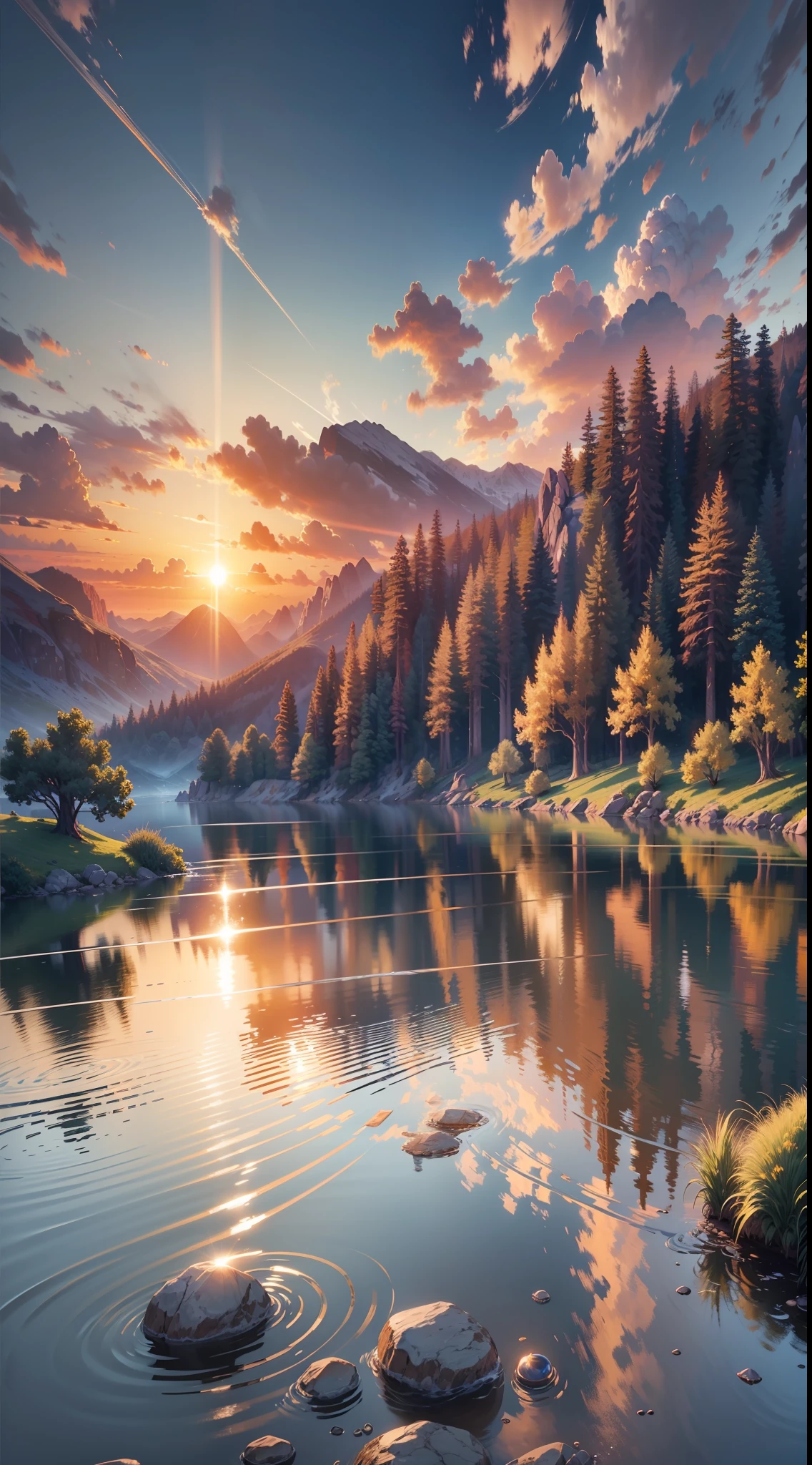 sunset, landscape, water, (very detailed CG unity 8k wallpaper), the most beautiful artwork in the world, professional majestic oil painting, intricate, high detail, clear focus, dramatic, realistic painting art, blue sky.
