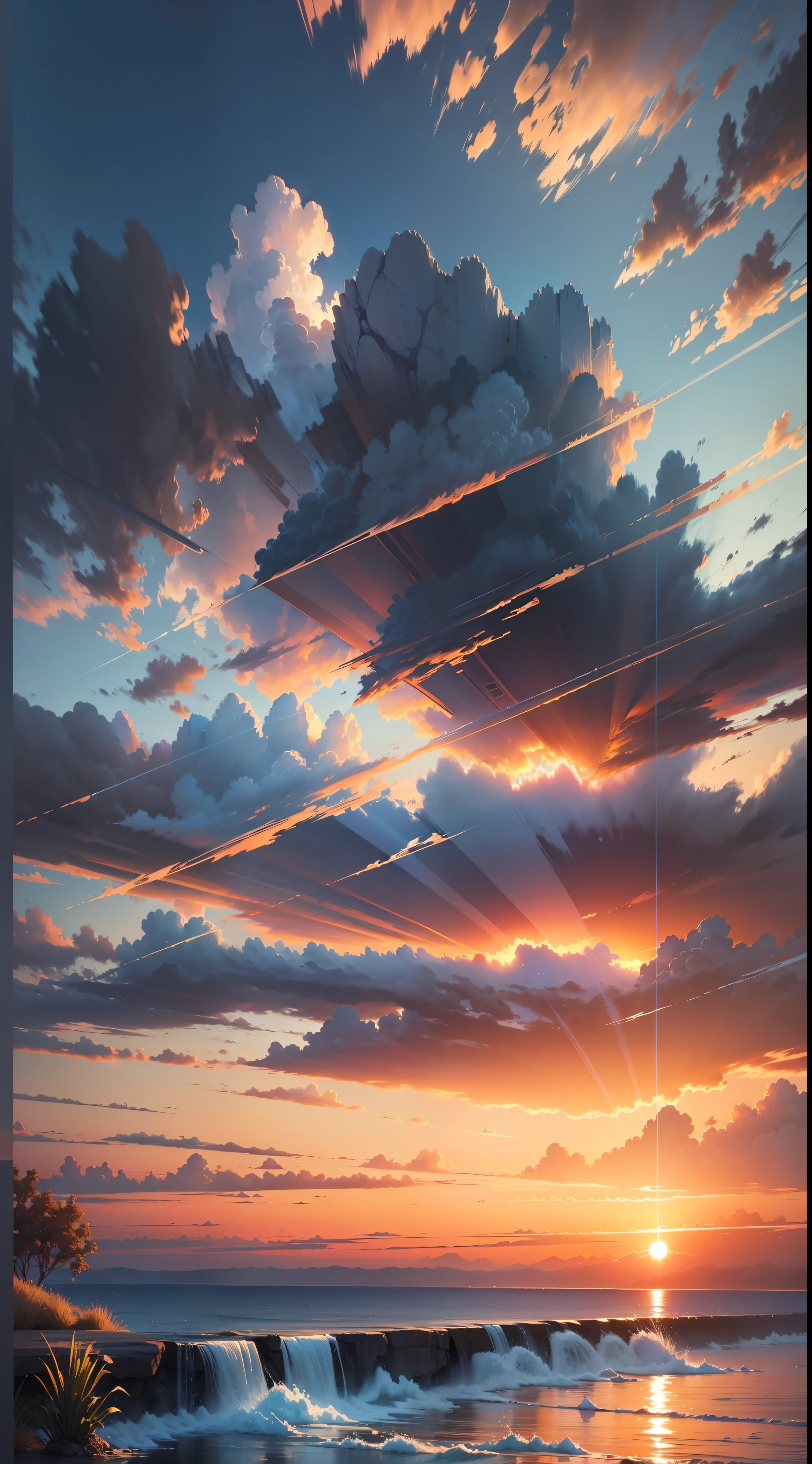 sunset, landscape, water, (very detailed CG unity 8k wallpaper), the most beautiful artwork in the world, professional majestic oil painting, intricate, high detail, clear focus, dramatic, realistic painting art, blue sky.