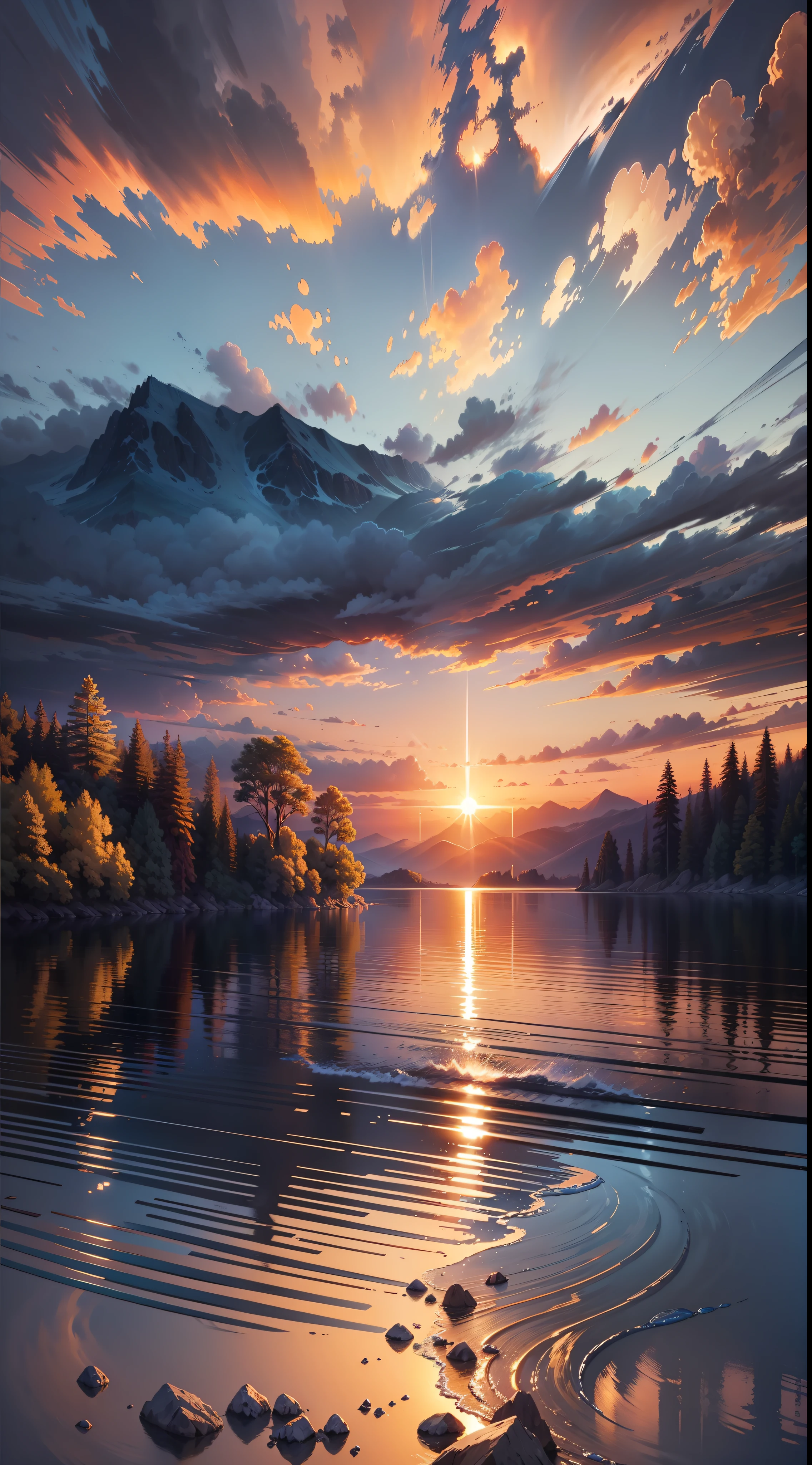 sunset, landscape, water, (very detailed CG unity 8k wallpaper), the most beautiful artwork in the world, professional majestic oil painting, intricate, high detail, clear focus, dramatic, realistic painting art, blue sky.