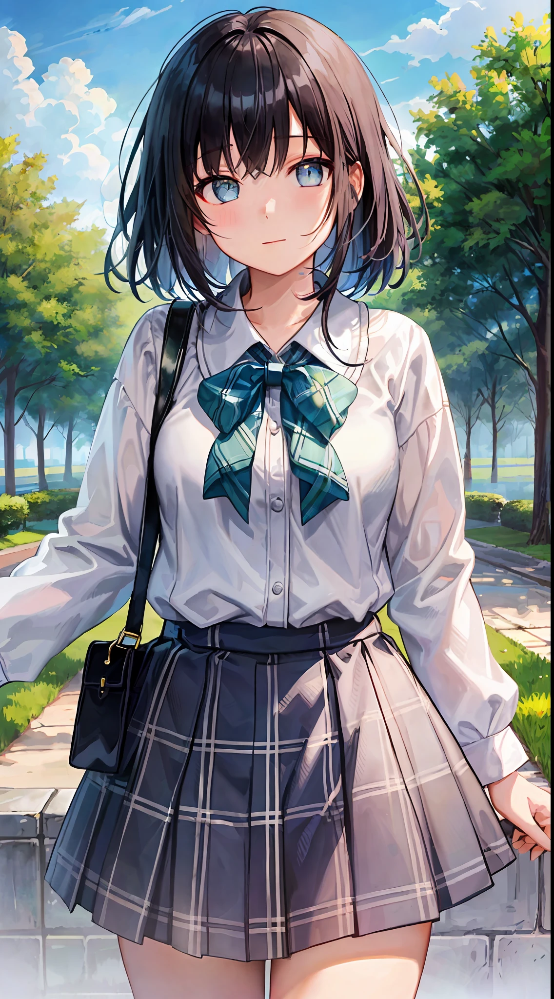 GIRL、(MASTERPIECE:1.1)、(maximum quality:1.1)、(White blouse:1.1)、(plaid skirts:1.1)、Student uniforms、high waist skirt、break[green grass:Pink,:0.5]theme、(Urban background:1.1)、Denim Lenses、Break Silver、Long、Green Eye、Landscape、