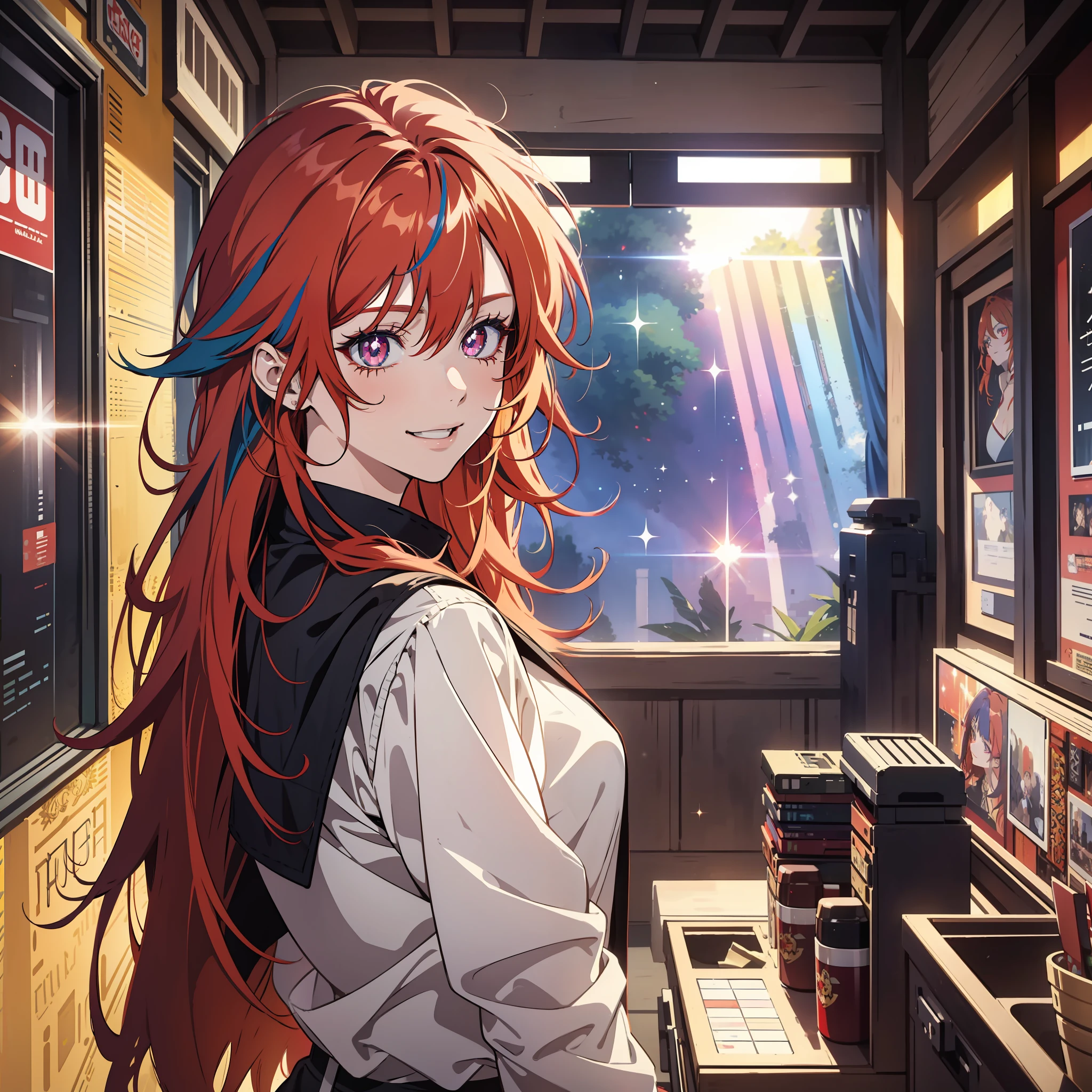 multicolored hair, red hair, multicolored eyes, mismatched pupils, smile, high detail, high detail, anime, anime style, sparkle, glowing light, god rays, ray tracing, backlighting, UHD, UHD, UHD, masterpiece, super detail, high details, high quality, award winning