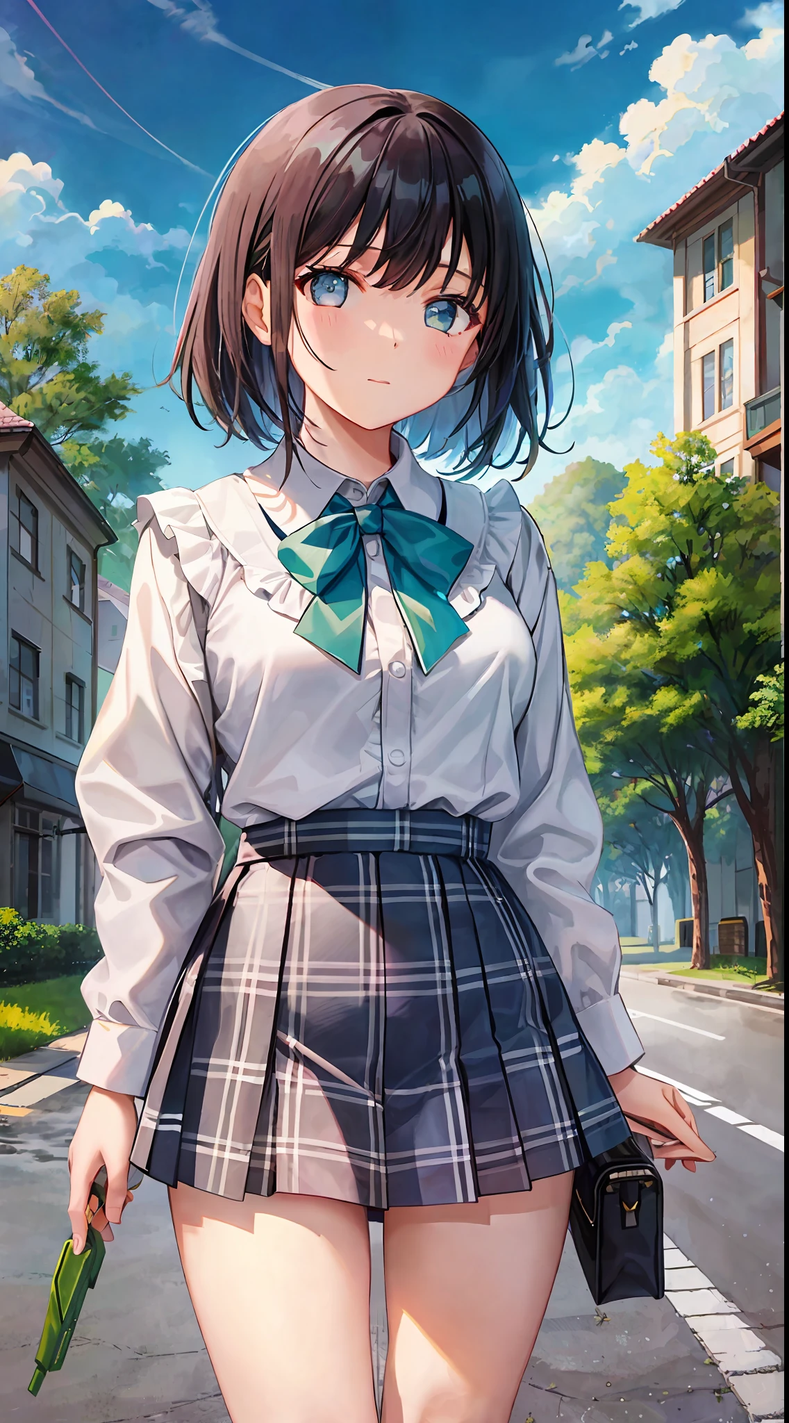 GIRL、(MASTERPIECE:1.1)、(maximum quality:1.1)、(White blouse:1.1)、(plaid skirts:1.1)、Student uniforms、high waist skirt、break[green grass:Pink,:0.5]theme、(Urban background:1.1)、Denim Lenses、Break Silver、Long、Green Eye、Landscape、