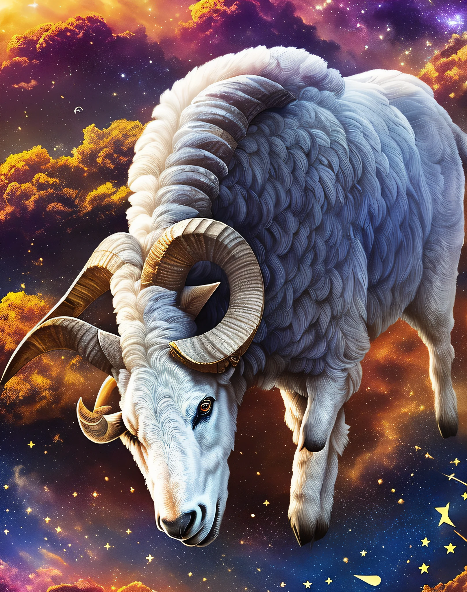 ((4k, obra-prima, melhor qualidade))a ram with the constellations around it