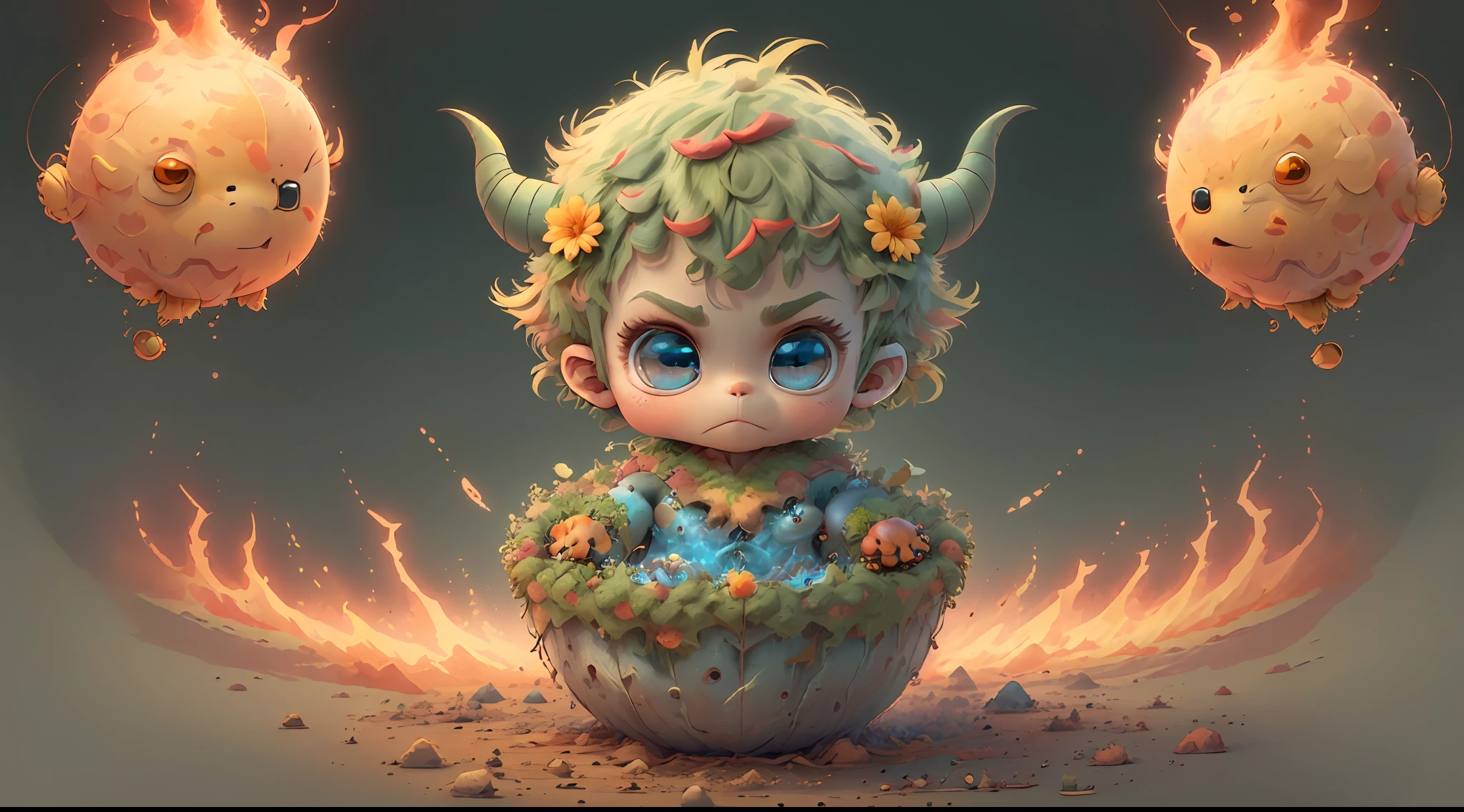 (extremely cute and delicate CG illustration, ultra-detailed and ultra-high quality), best illumination, best shadow, an extremely cute and adorable cu73cre4ture (agama), with big round eyes and a small cute mouth, small horns on its head, vibrant and vivid colors, dynamic angle, dynamic pose, floating, in a magical and enchanting place, with lush vegetation and vibrant flowers.