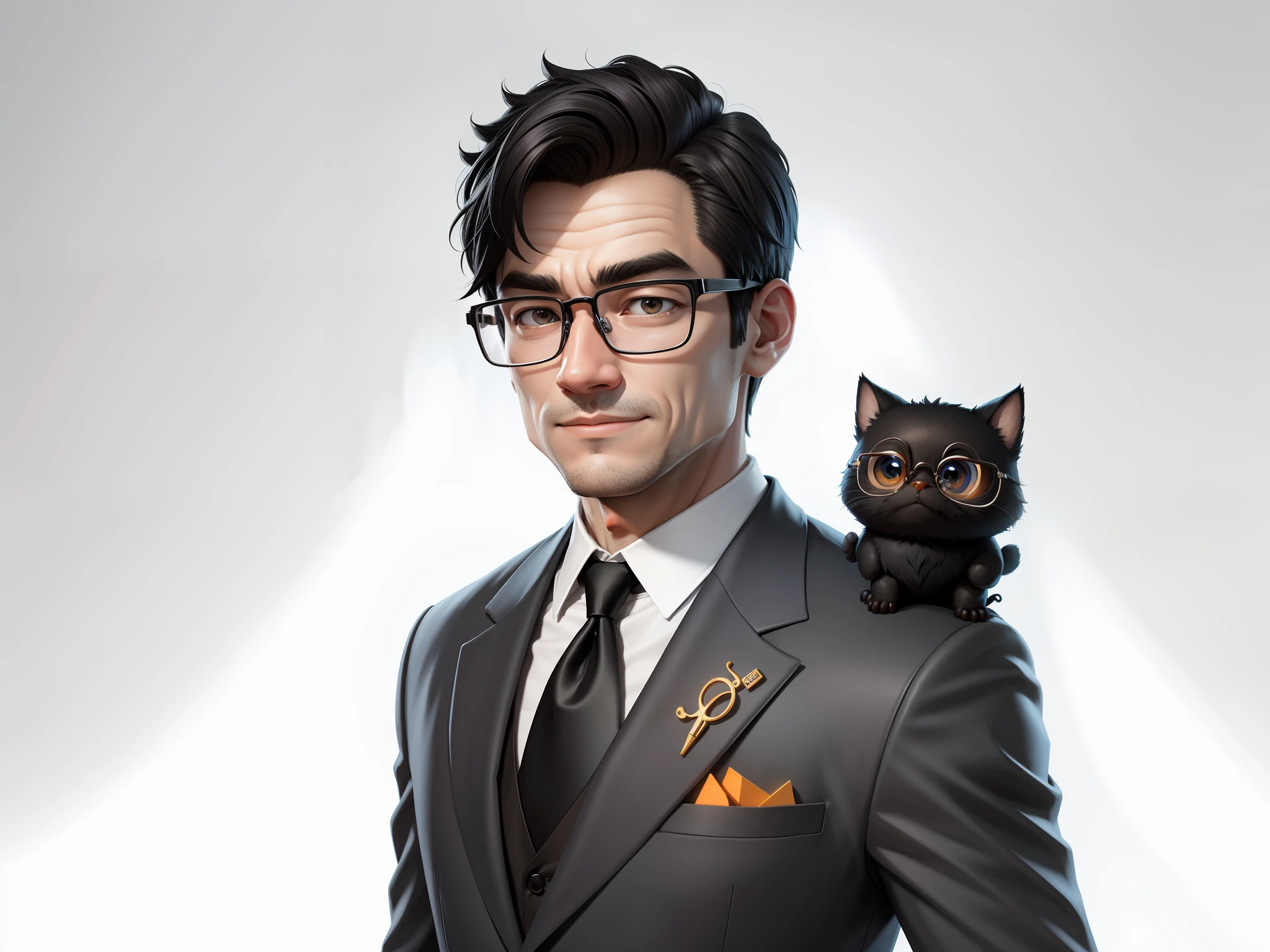 Super young man 30 years old，Silver glasses，The face is slightly fat，The face is very clean，No whiskers，Black super short hair，Black eyes，black suit，Blue tie，Smile confidently，digtial painting，the movie，3D character design by Mark Clairdon and Pixar and Hayao Miyazaki，The illustration is a high-definition illustration in 4K resolution，With very detailed facial features and cartoon-style visuals。
