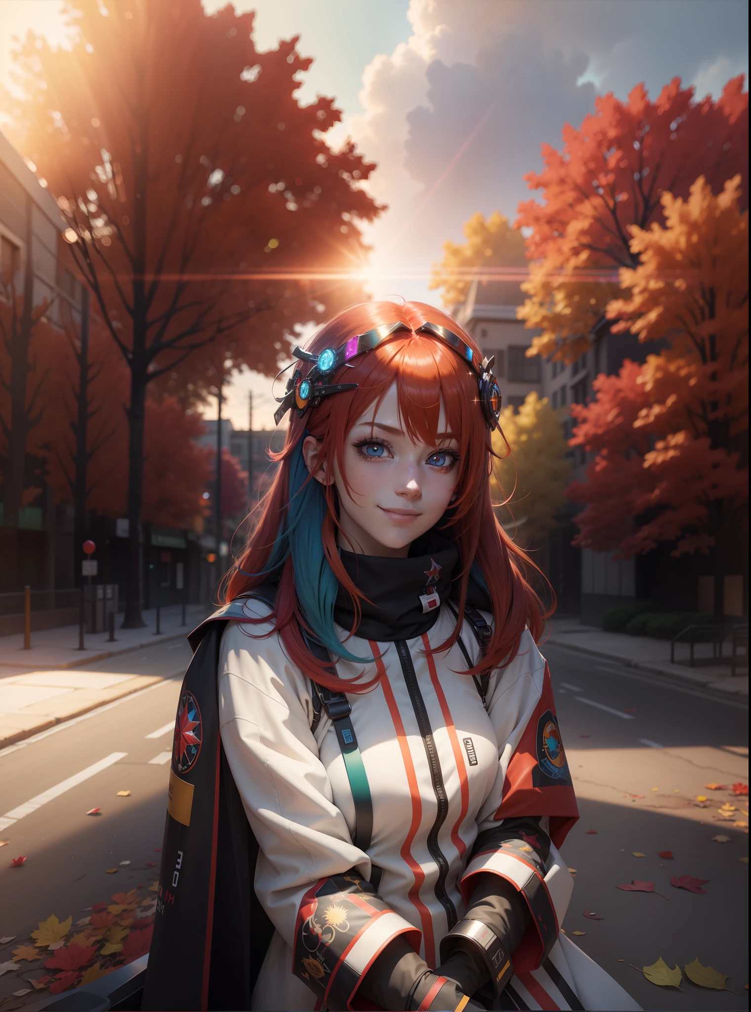 multicolored hair, red hair, multicolored eyes, mismatched pupils, smile, high detail, high detail, anime, anime style, sparkle, glowing light, god rays, ray tracing, backlighting, UHD, UHD, UHD, masterpiece, super detail, high details, high quality, award winning