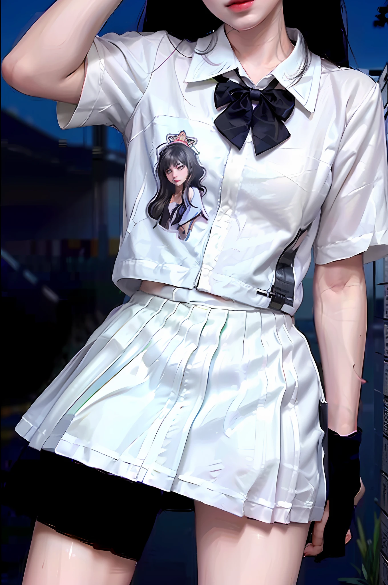 (8k, PHOTO RAW, BEST QUALITY, MASTERPIECE:1.3),(Realistic,Photorealistic:1.37),(Night),(Look at viewer:1.331),(White hair),Posing,Tokyo street. ,nightscape, blur, foreground blur, depth of field, background blur, photo_ \(medium\), motion_blur,1girl,pretty face,cute,(small breasts),hands down. ,long bangs,black hair,random expression,big eyes, ,lower abdomen,(white t-shirt),JK_style,(track shorts) ,black hair,(19 years old), mix4
