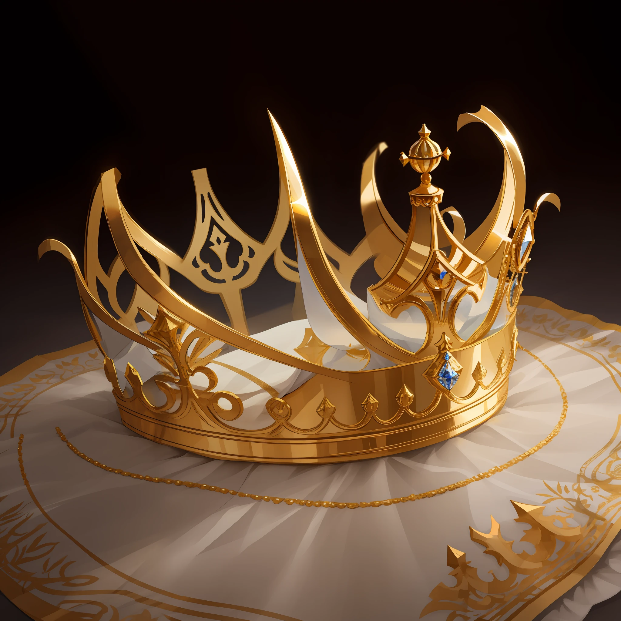 there is a gold crown on a white cloth with a blue crystal, gold crown, intricate gold crown, golden crown, ornate gold crown, crown made of fabric, with a gold crown, crown, the crown is very high, floating crown, intricate crown, royal crown, crown of white diamonds, wearing a golden crown, large crown, white crown