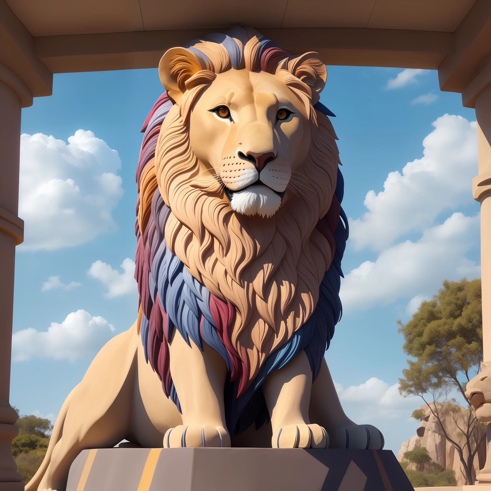 A sculpture of a lion made of colored stones, estilo moderno, Blue sky with some white clouds