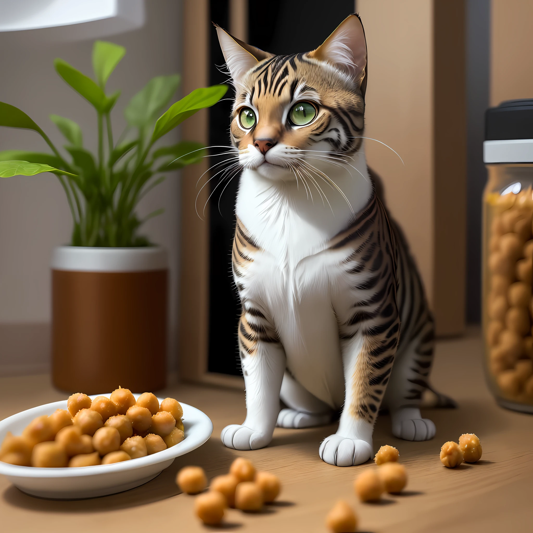 Estilo ultra realista, 1 gato comendo tigela de inox com ((Chickpeas)), clouse-up, batata amassada, cenoura ralada, espirulina, linseed, detalhes intrincados, dslr, 100 mm, pets, luz difusa, fotografia de Studio, propaganda profissional, 8k
