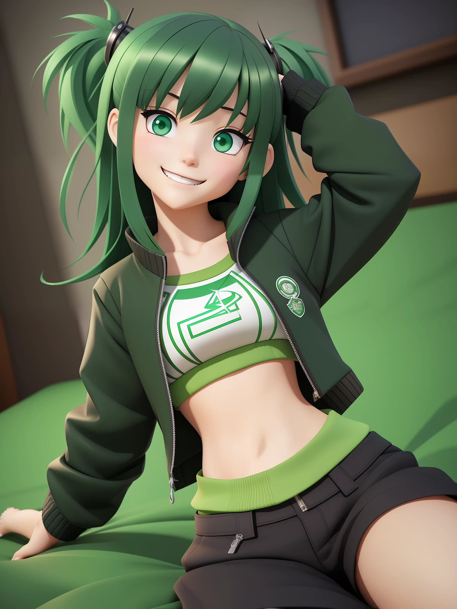 Young girl, a cartoon character in a dark green jacket, dark black shorts, ((melancholy smile expression)), long dark green hair, vivid dark green eyes, Stylized character, animation character, Stylized, Character rendering 3D, highly detailed character, stylized anime, stylized 3D, Character rendering, Character model, Closeup, (maximum quality), On top of a bed in bedroom