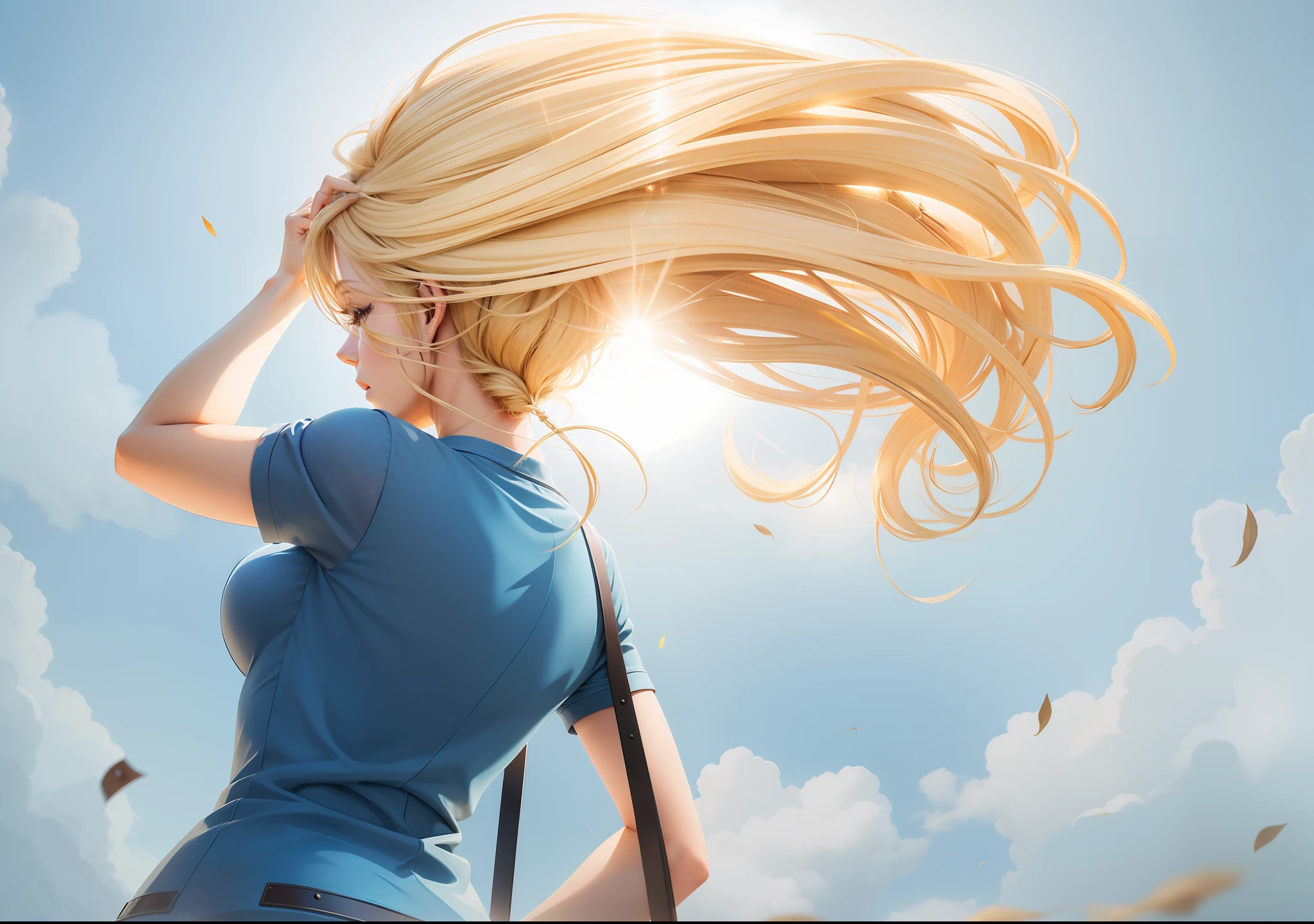 realistic lighting, reflexo de luz do sol, blonde hair, Axum sky, folhas voando, vento, cabelo ao vento, Sun behind hair, brilho do sol no cabelo, anime style, linea art --auto --s2