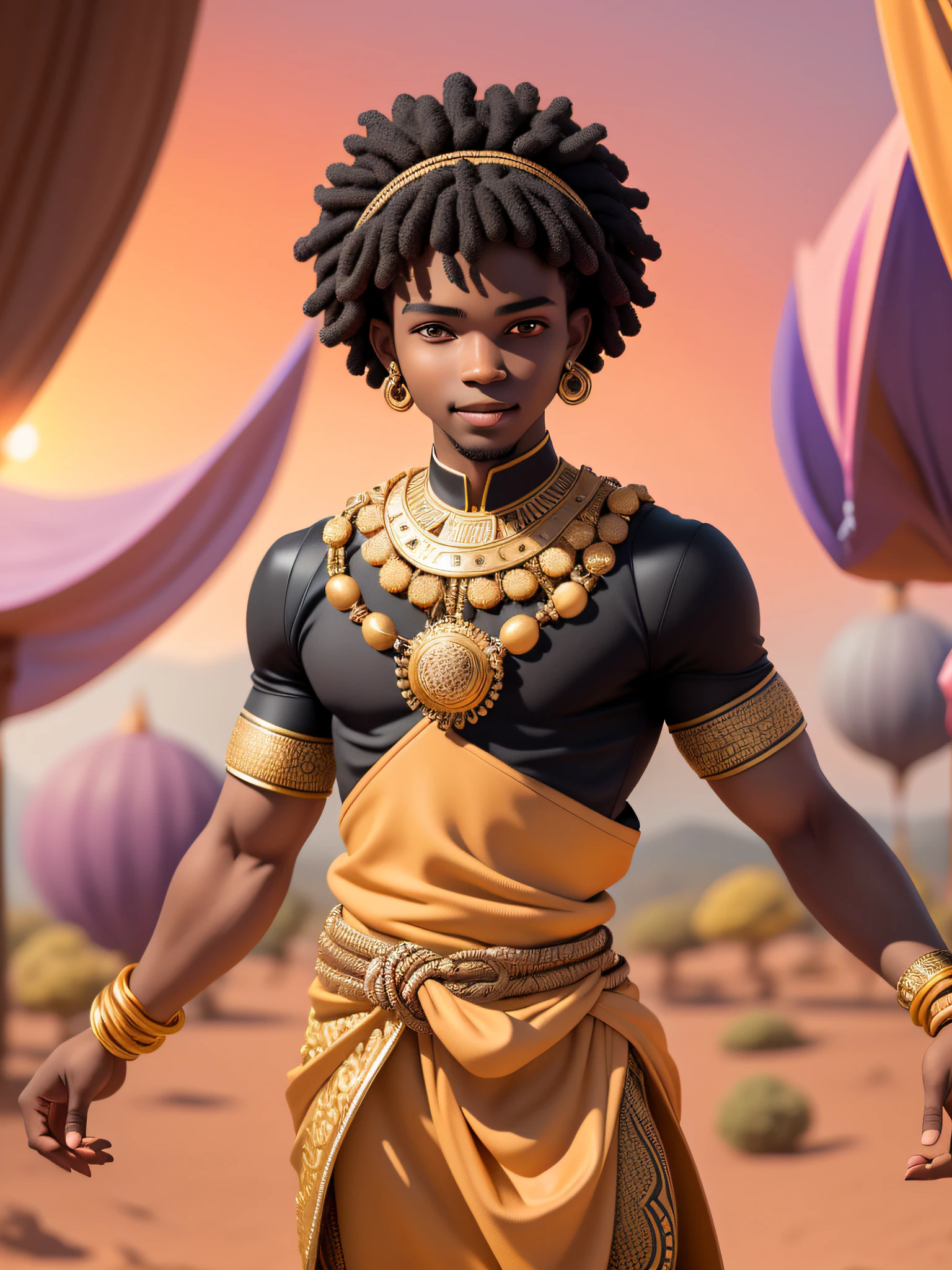 (masterpiece),(best quality),(ultra-detailed), (full body:1.2), black man, male, short hair, age, typical african clothing, black clothes, prince, light smile, turban, African, cover in back, :3, afro clothes, blurry, black hair, brown hair, flower, background abstract, sunset (beautiful detailed face), (beautiful detailed eyes)