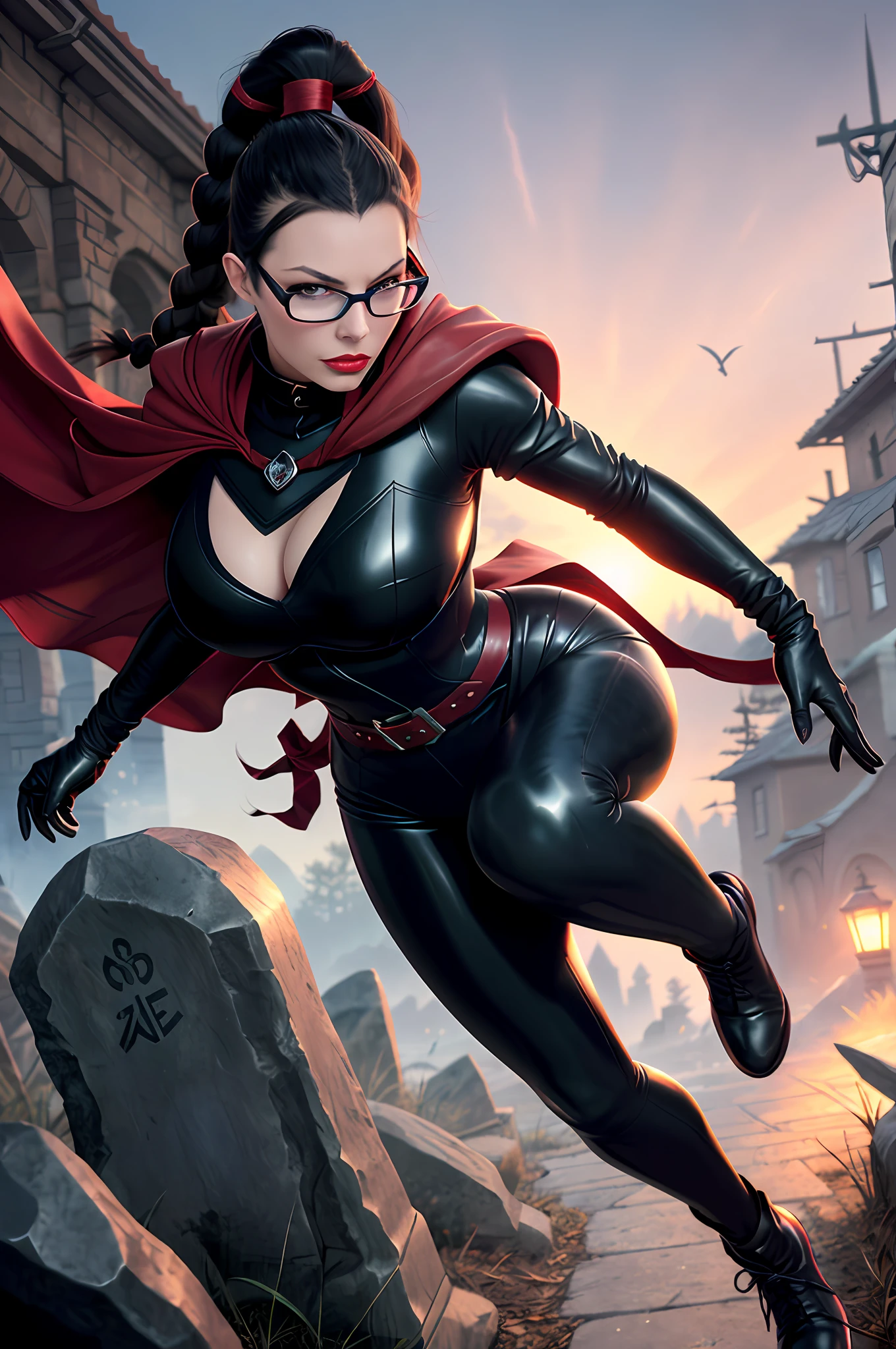 Vayne \(League of Legends\), League of Legends, 1 mature female, red glasses, red cape, red eyes, white skin, gray gloves, brown boots, red lips, long hair tied back in a braid, Athletic bodysuit, slender, leather belt, long silky black hair, dark blue Lycra bodysuit, ponytail, in a graveyard at night, looking at viewer, sexy pose, detailed eyes, focused eyes