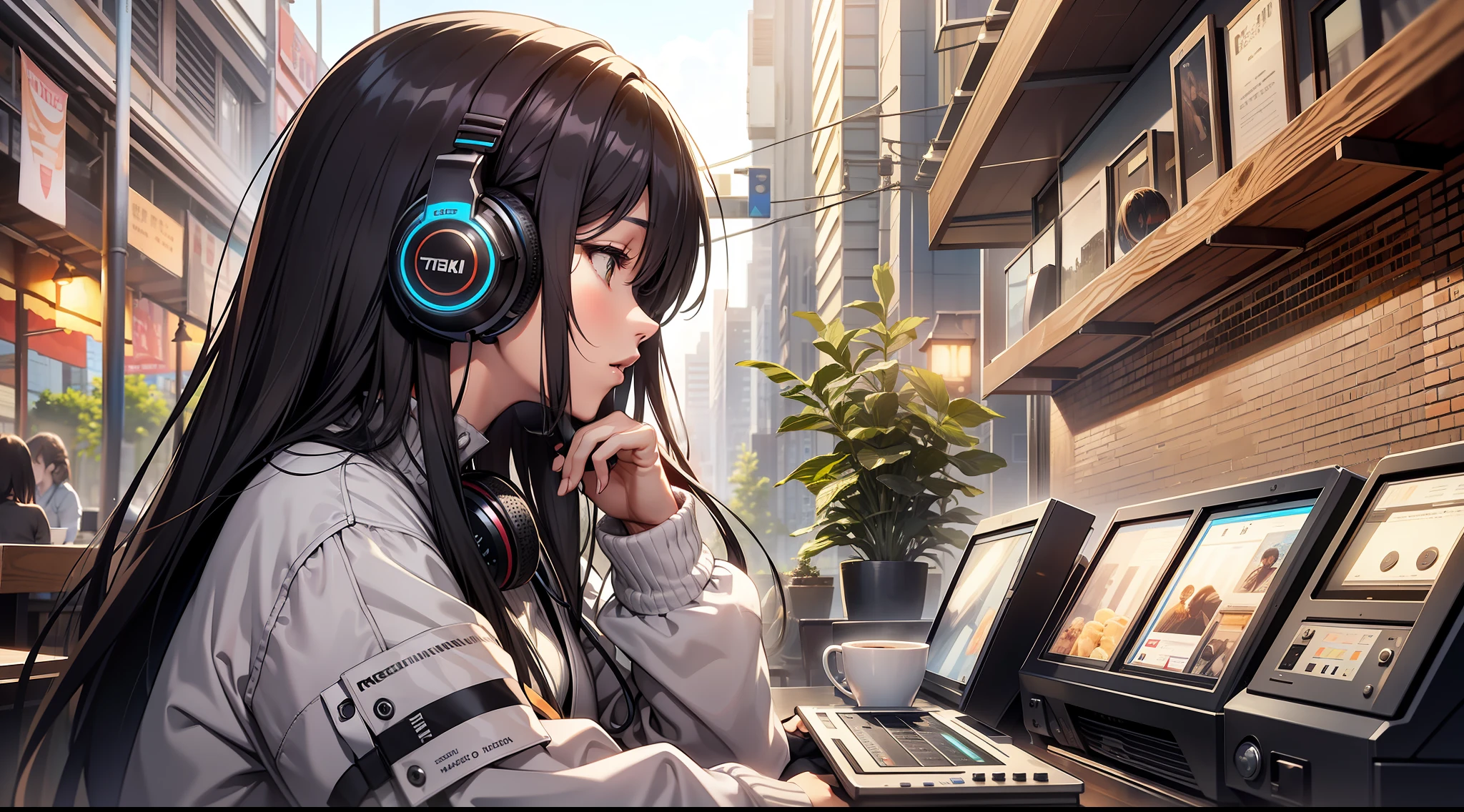 Ambience、cafe、Woman about 20 years old listening to music through headphones、profile、High res、small details、Super Detailed、Nostalgia