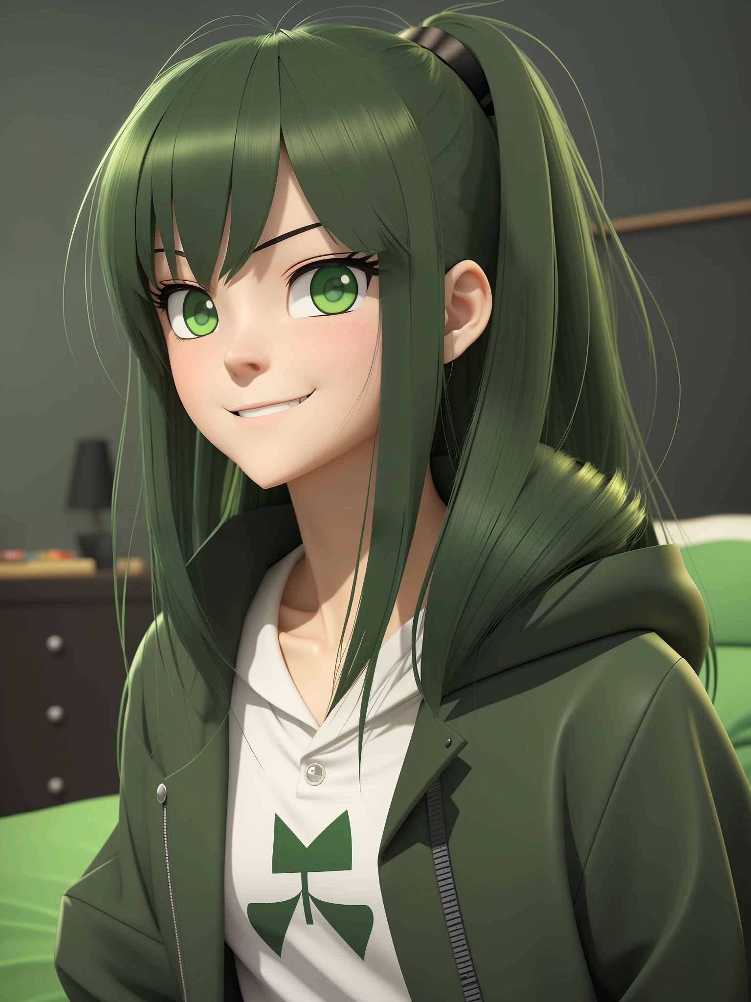 Young girl, a cartoon character in a dark green jacket, dark black shorts, ((melancholy smile expression)), long dark green hair, vivid dark green eyes, Stylized character, animation character, Stylized, Character rendering 3D, highly detailed character, stylized anime, stylized 3D, Character rendering, Character model, Closeup, (maximum quality), On top of a bed in bedroom