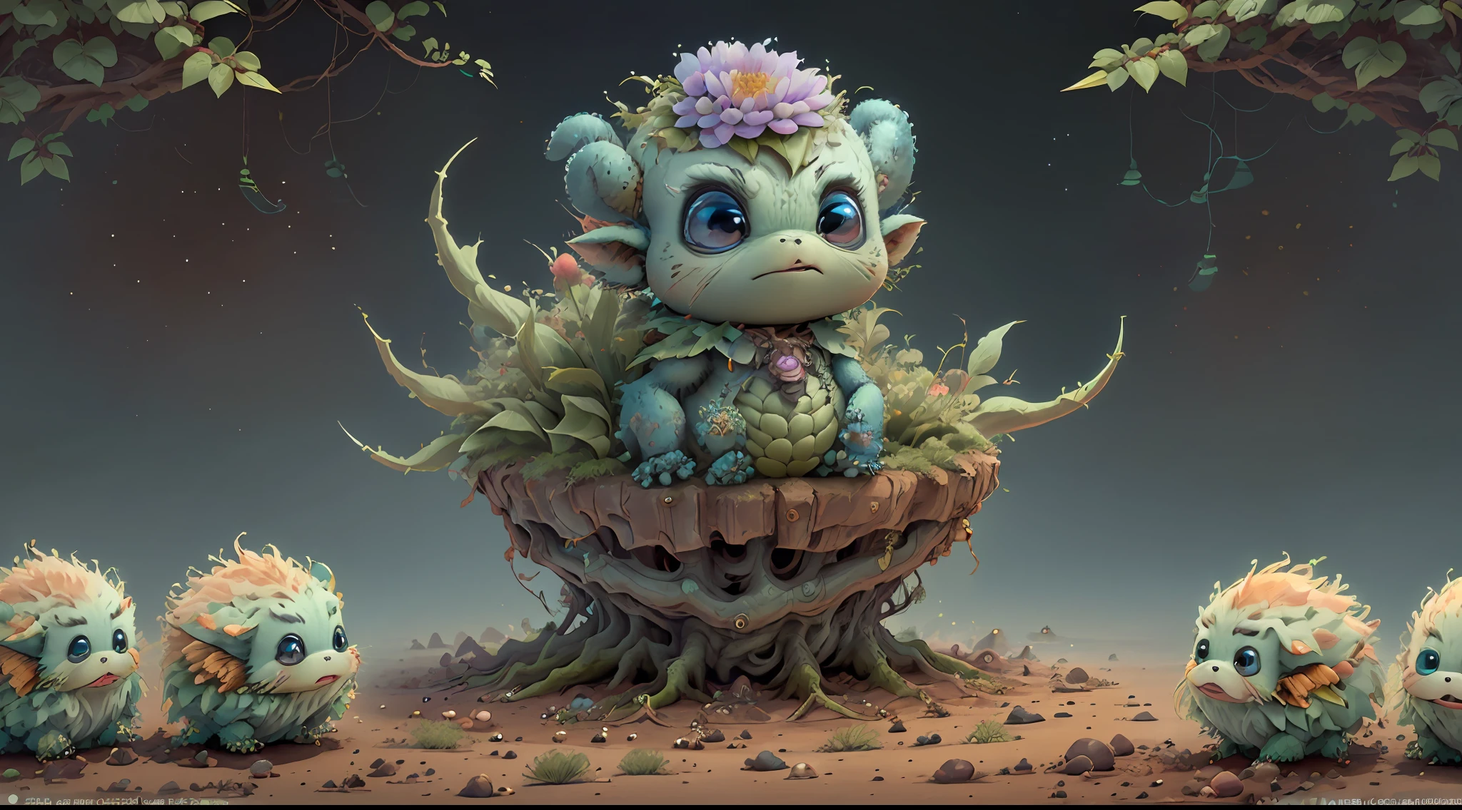 (extremely cute and delicate CG illustration, ultra-detailed and ultra-high quality), best illumination, best shadow, an extremely cute and adorable cu73cre4ture (agama), with big round eyes and a small cute mouth, small horns on its head, vibrant and vivid colors, dynamic angle, dynamic pose, floating, in a magical and enchanting place, with lush vegetation and vibrant flowers.