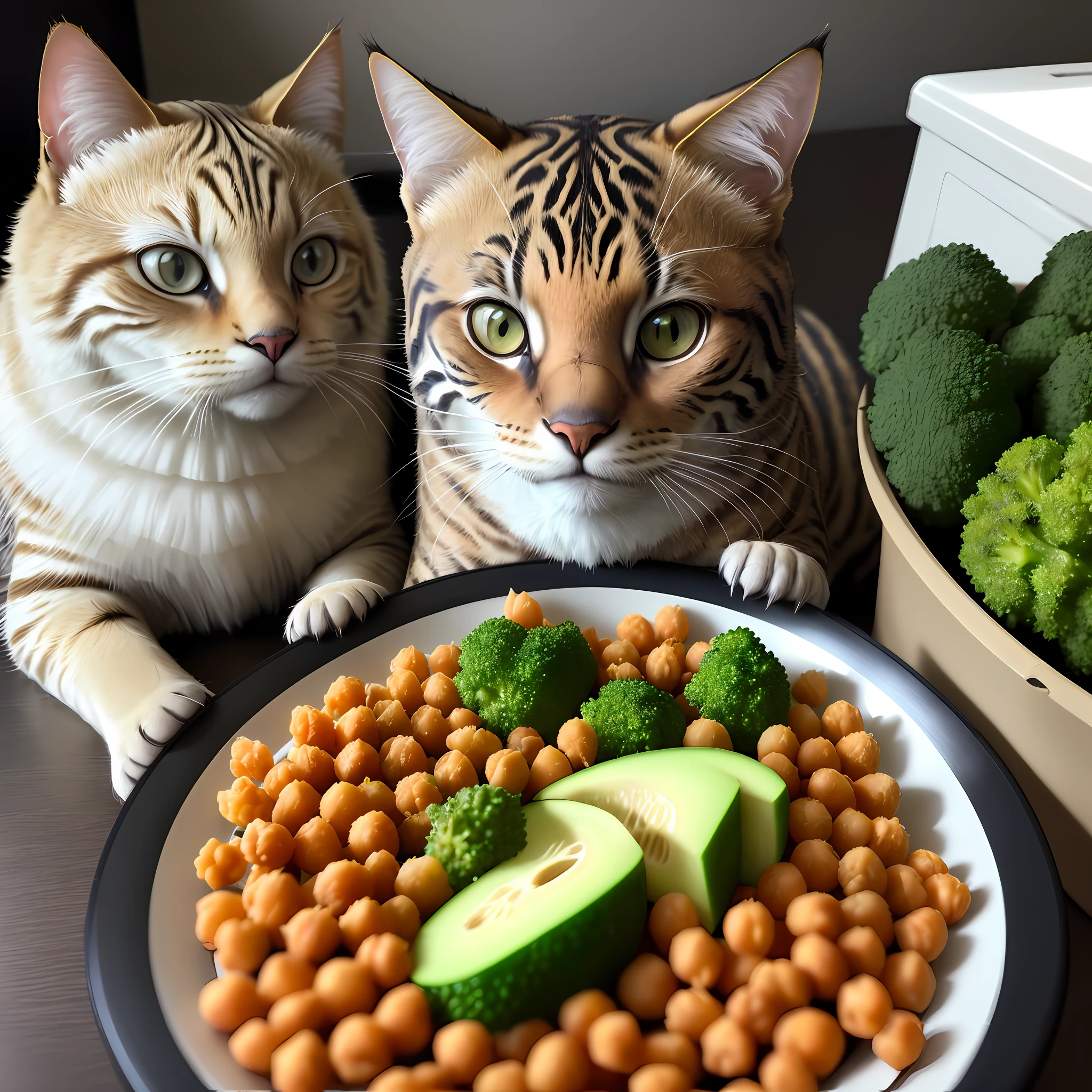 Estilo ultra realista, 1 gato comendo tigela de inox com ((Chickpeas)), solo, clouse-up, batata amassada, cenoura ralada, broccoli, linseed, detalhes intrincados, dslr, 100 mm, pets, luz difusa, fotografia de Studio, propaganda profissional, 8k