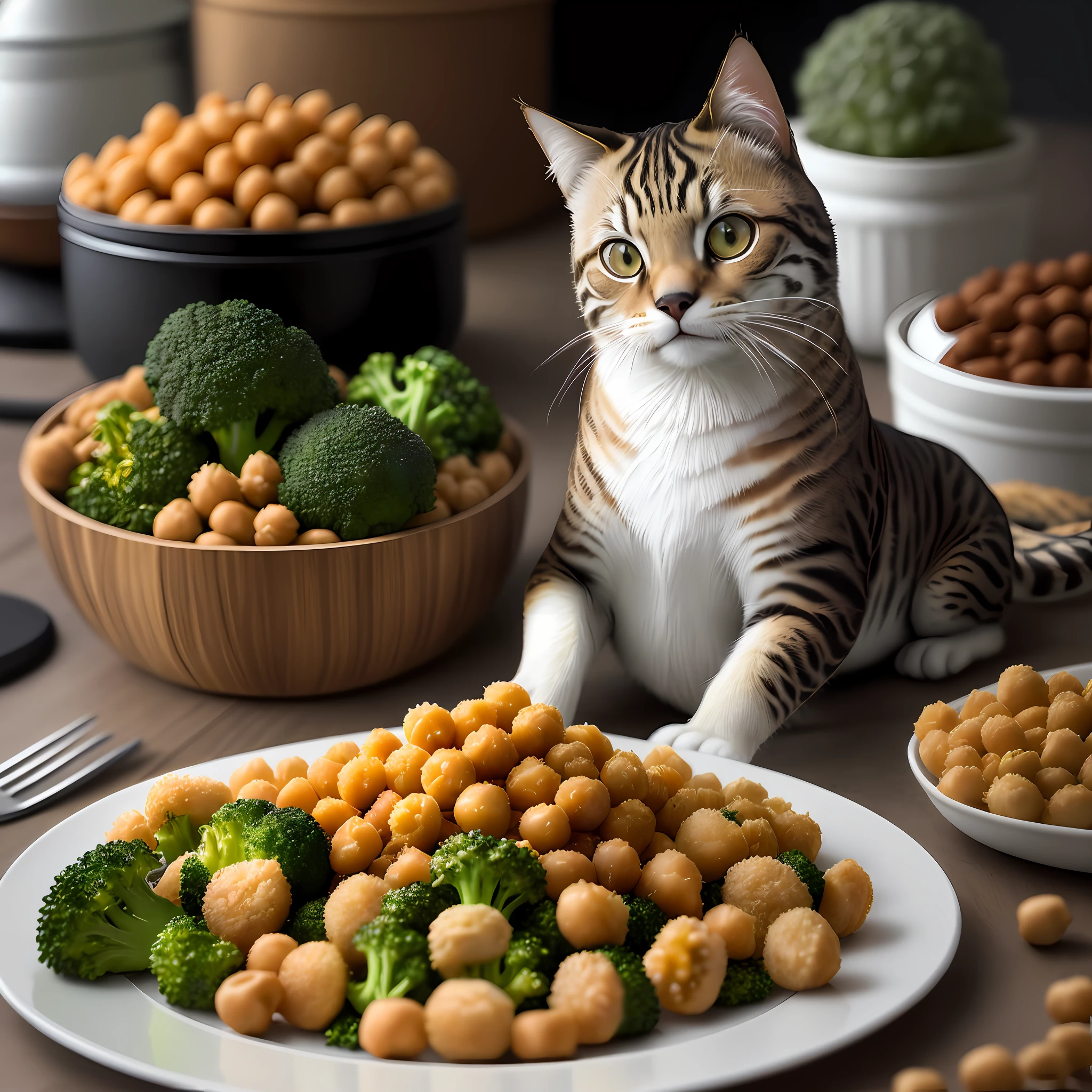 Estilo ultra realista, 1 gato comendo tigela de inox com ((Chickpeas)), solo, clouse-up, batata amassada, cenoura ralada, broccoli, linseed, detalhes intrincados, dslr, 100 mm, pets, luz difusa, fotografia de Studio, propaganda profissional, 8k