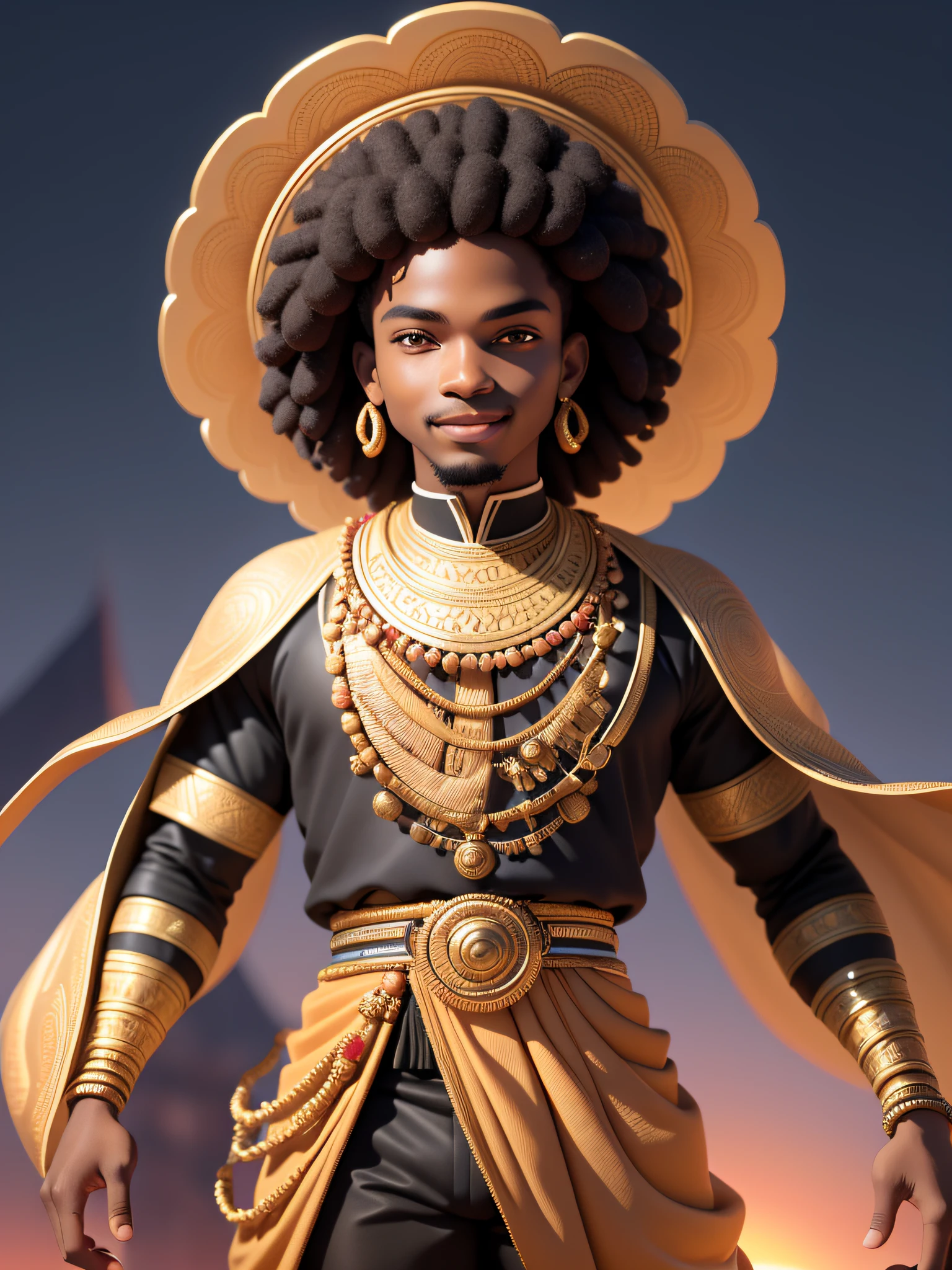 (masterpiece),(best quality),(ultra-detailed), (full body:1.2), black man, male, short hair, young adult, typical african clothing, black clothes, prince, light smile, turban, African, cover in back, :3, afro clothes, blurry, black hair, brown hair, background abstract, sunset (beautiful detailed face), (beautiful detailed eyes)