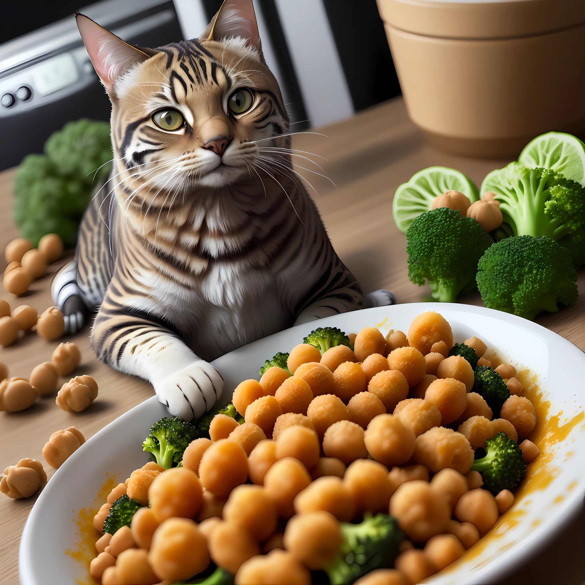 Estilo ultra realista, 1 gato comendo tigela de inox com ((Chickpeas)), solo, clouse-up, batata amassada, cenoura ralada, broccoli, linseed, detalhes intrincados, dslr, 100 mm, pets, luz difusa, fotografia de Studio, propaganda profissional, 8k