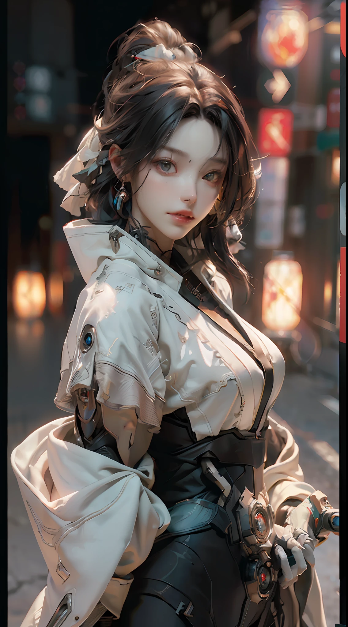 ((Best quality)), ((masterpiece)), (detailed:1.4), 3D, an image of a beautiful cyberpunk female,HDR (High Dynamic Range),Ray Tracing,NVIDIA RTX,Super-Resolution,Unreal 5,Subsurface scattering,PBR Texturing,Post-processing,Anisotropic Filtering,Depth-of-field,Maximum clarity and sharpness,Multi-layered textures,Albedo and Specular maps,Surface shading,Accurate simulation of light-material interaction,Perfect proportions,Octane Render,Two-tone lighting,Wide aperture,Low ISO,White balance,Rule of thirds,8K RAW,