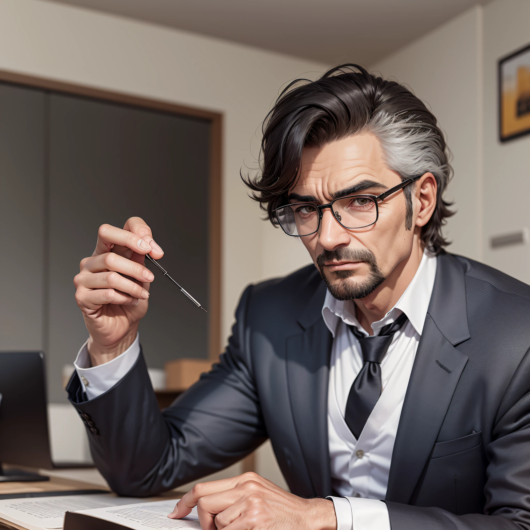homem de 50 anos, alto, gordinho, cabelos castanhos curtos e lisos, com oculos, with characteristics of entrepreneur: You meet a man in a sock-idade, em torno de 55 anos, alto e robusto, com uma postura confiante e segura de si. Seu curta, cabelos castanhos lisos emolduram um quadrado, serious face, highlighted by a pair of discreet glasses. His well-cut black suit and white shirt reveal his taste for classic style, and a metal badge on his jacket pocket indicates that he is the CEO of the company. Ele fala com uma voz calma e determinada, and his presence is imposing and respectable. There is a sense of natural authority in his posture, And you can say that this man is a born leader, Ambiente de desktop, livros, celular caneta --auto --s2