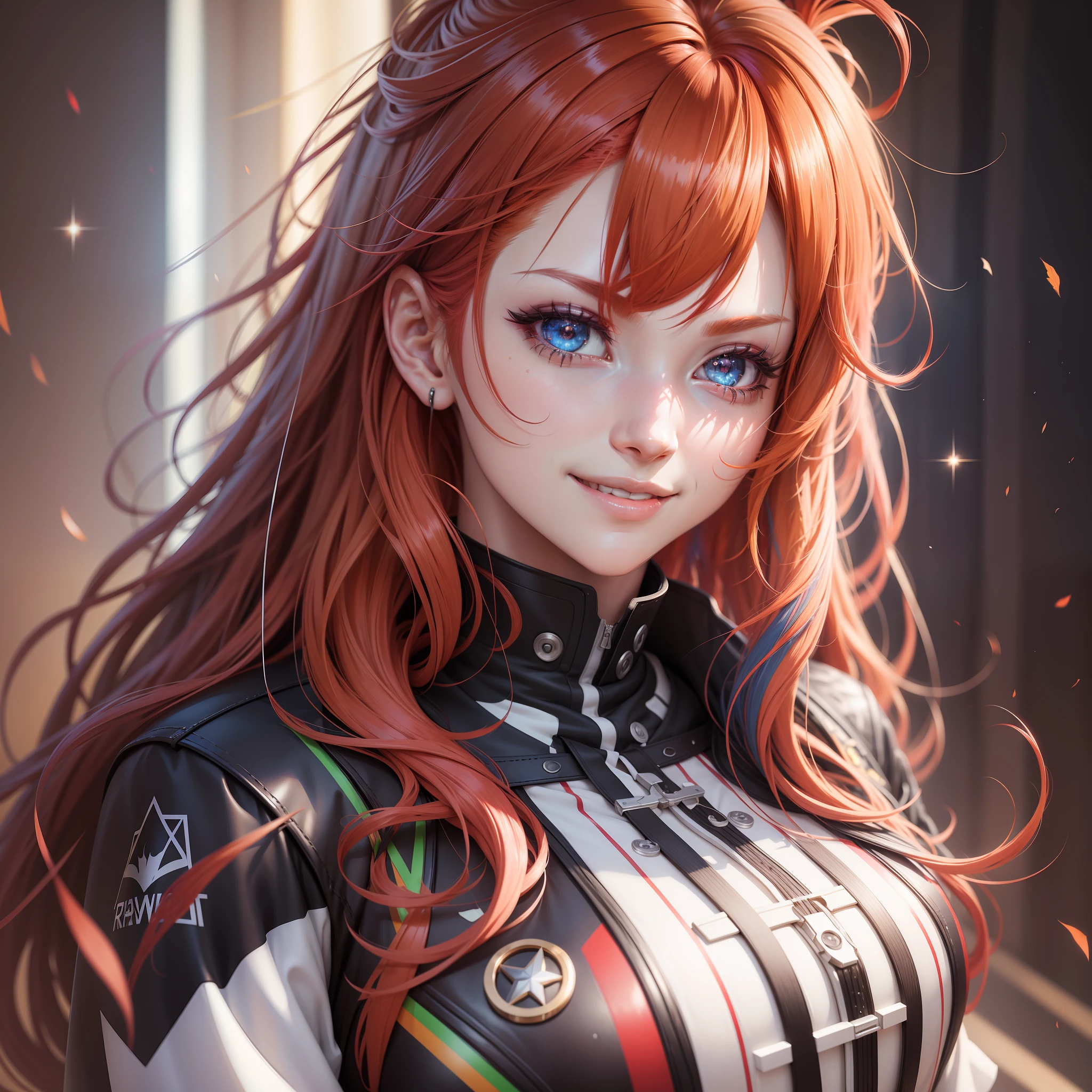 multicolored hair, red hair, multicolored eyes, mismatched pupils, smile, high detail, high detail, anime, anime style, sparkle, glowing light, god rays, ray tracing, backlighting, UHD, UHD, UHD, masterpiece, super detail, high details, high quality, award winning
